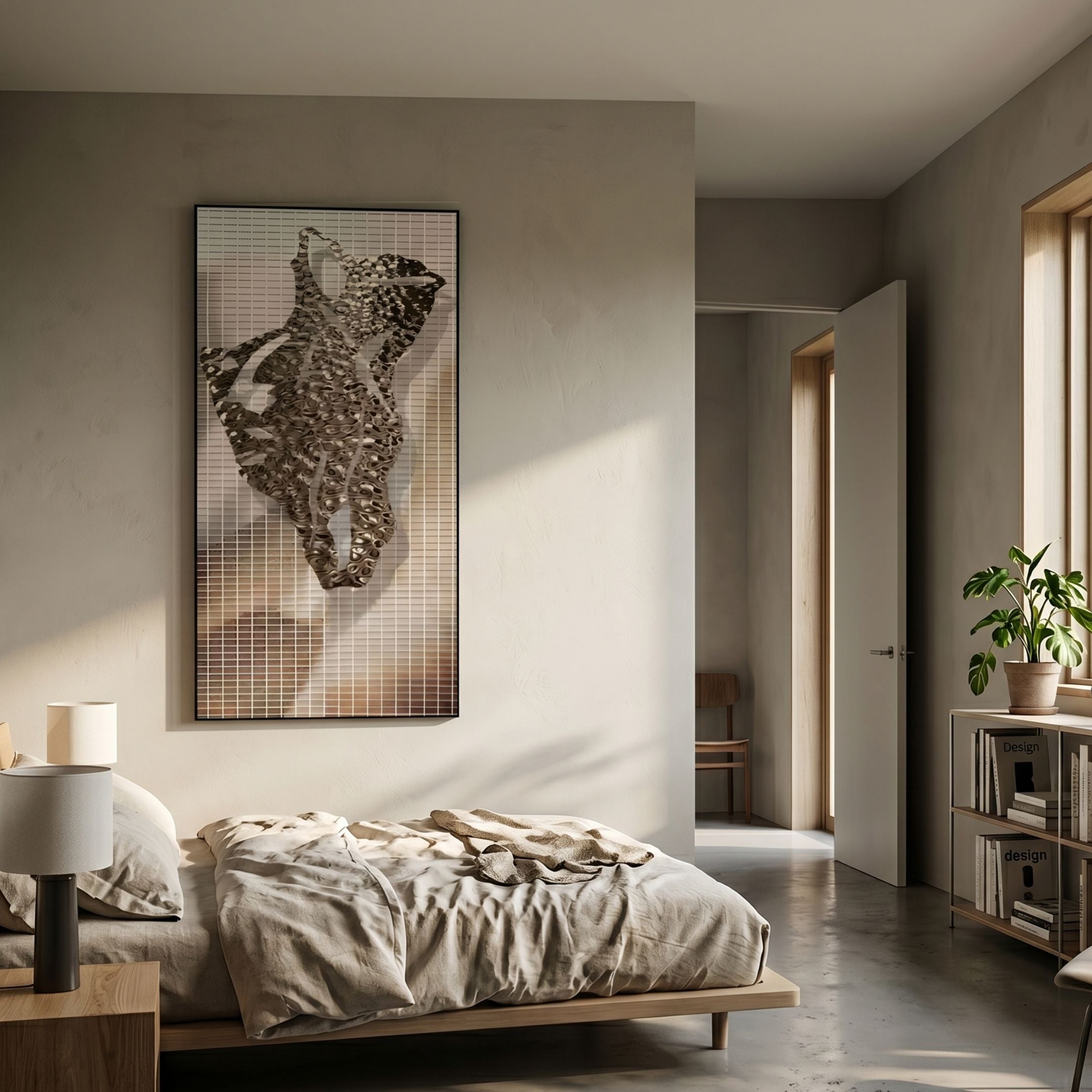 Rise Bronze Dance Structure Metal 3D Wall Art by Giant Sculptures mounted above a linen bed in a minimalist bedroom with plaster walls and oak shelving.