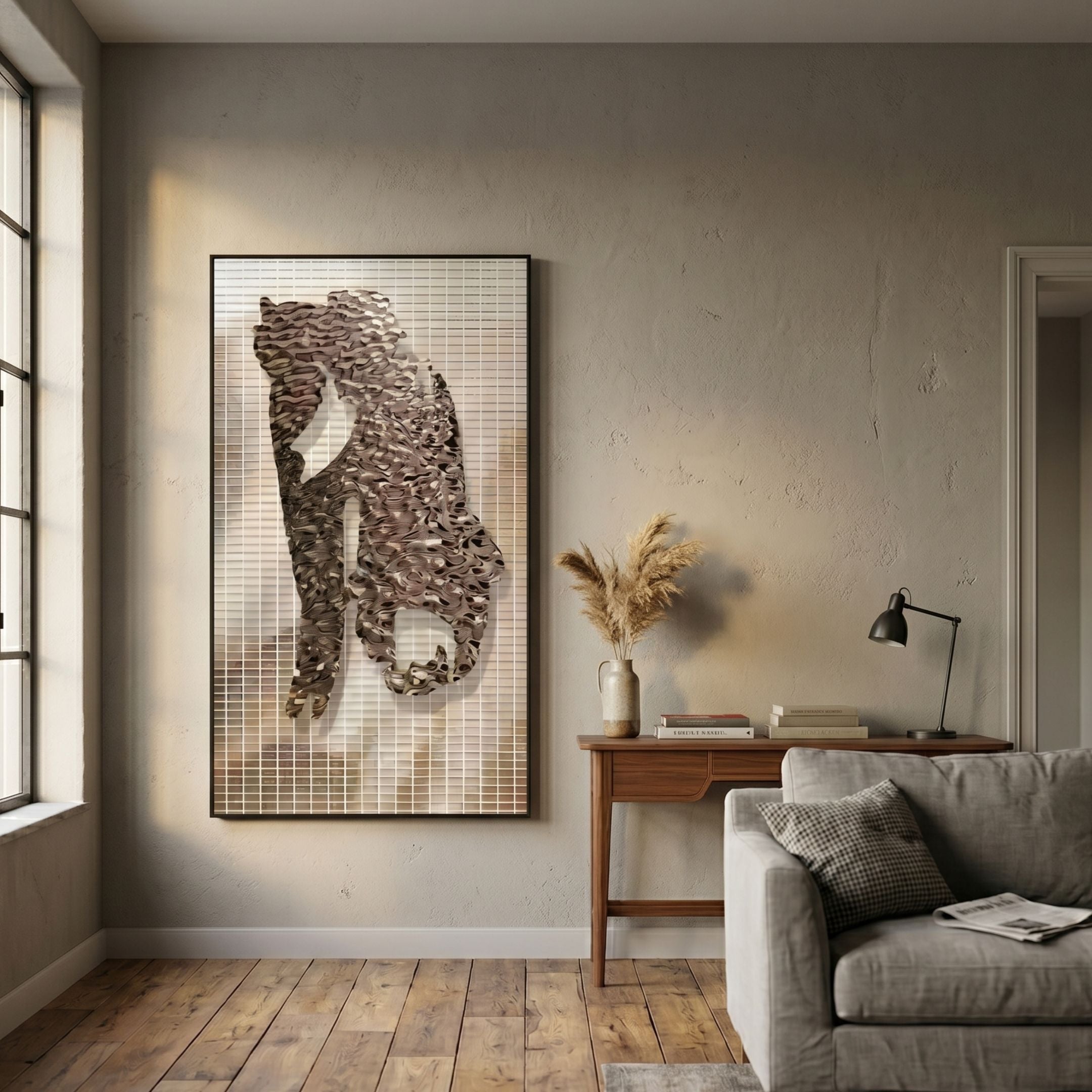 Rise Bronze Organic Form Metal 3D Wall Art by Giant Sculptures hung in a neutral living room above a wooden console with pampas grass and a lamp.