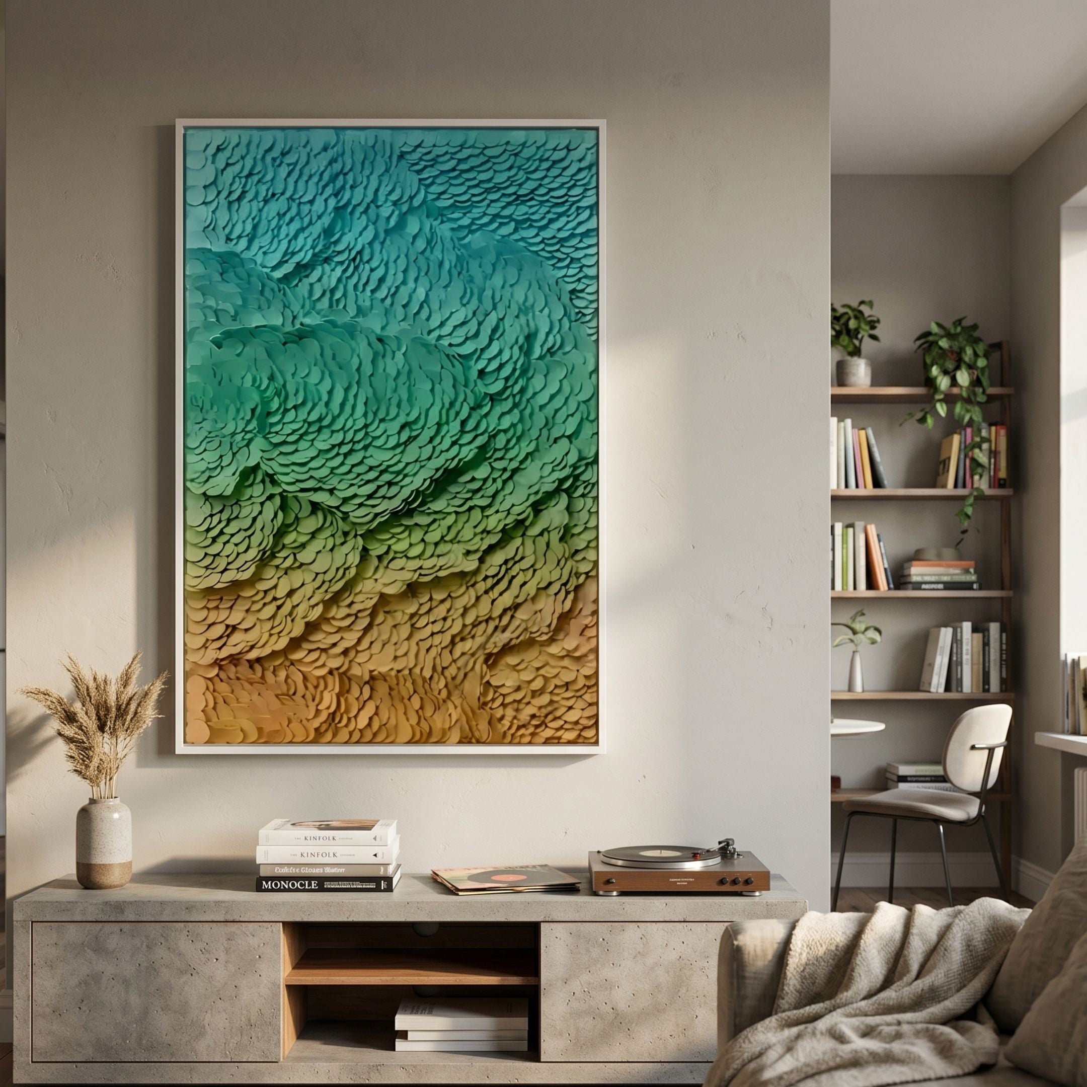 Petalwave Aqua & Coral Organic Flow Leather 3D Wall Art in a white frame, displayed above a concrete console with a record player in a modern living room.