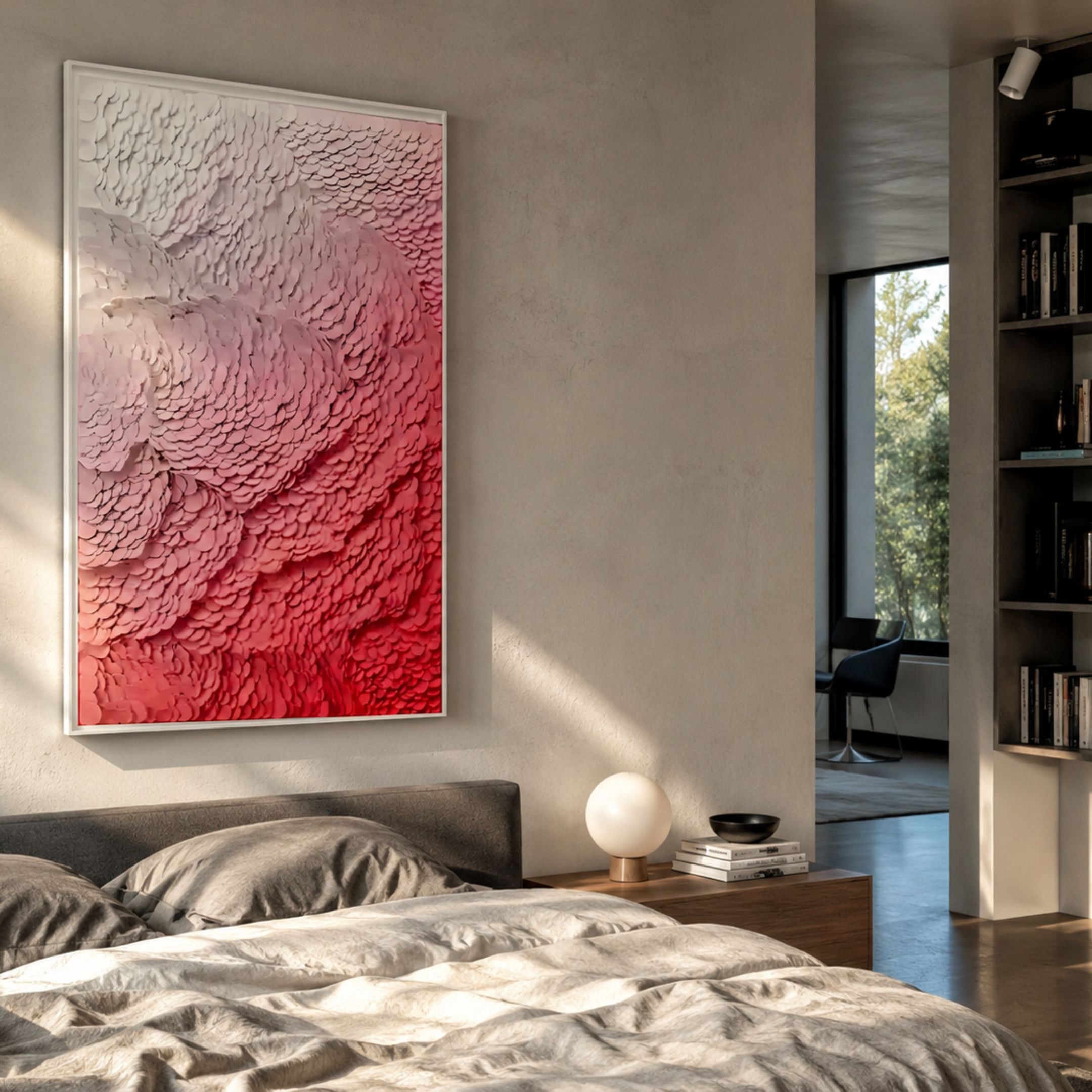 Petalwave Rose Gradient Layered Leather 3D Wall Art in a white frame, mounted above a bed in a modern bedroom with a bookshelf and window nearby.