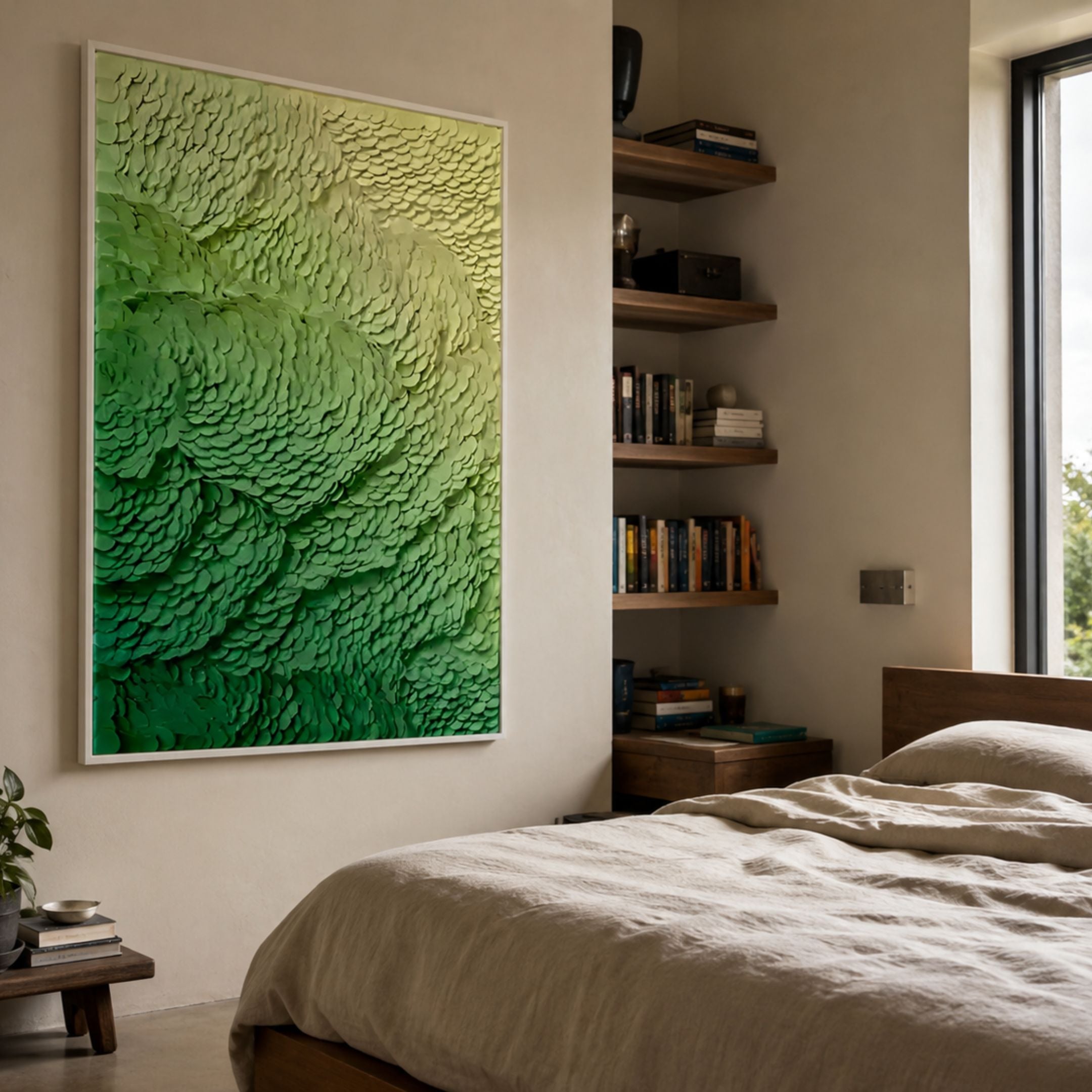 Petalwave Green Ombre Flow Leather 3D Wall Art in a white frame mounted above a linen bed, beside corner bookshelves and a tall window.