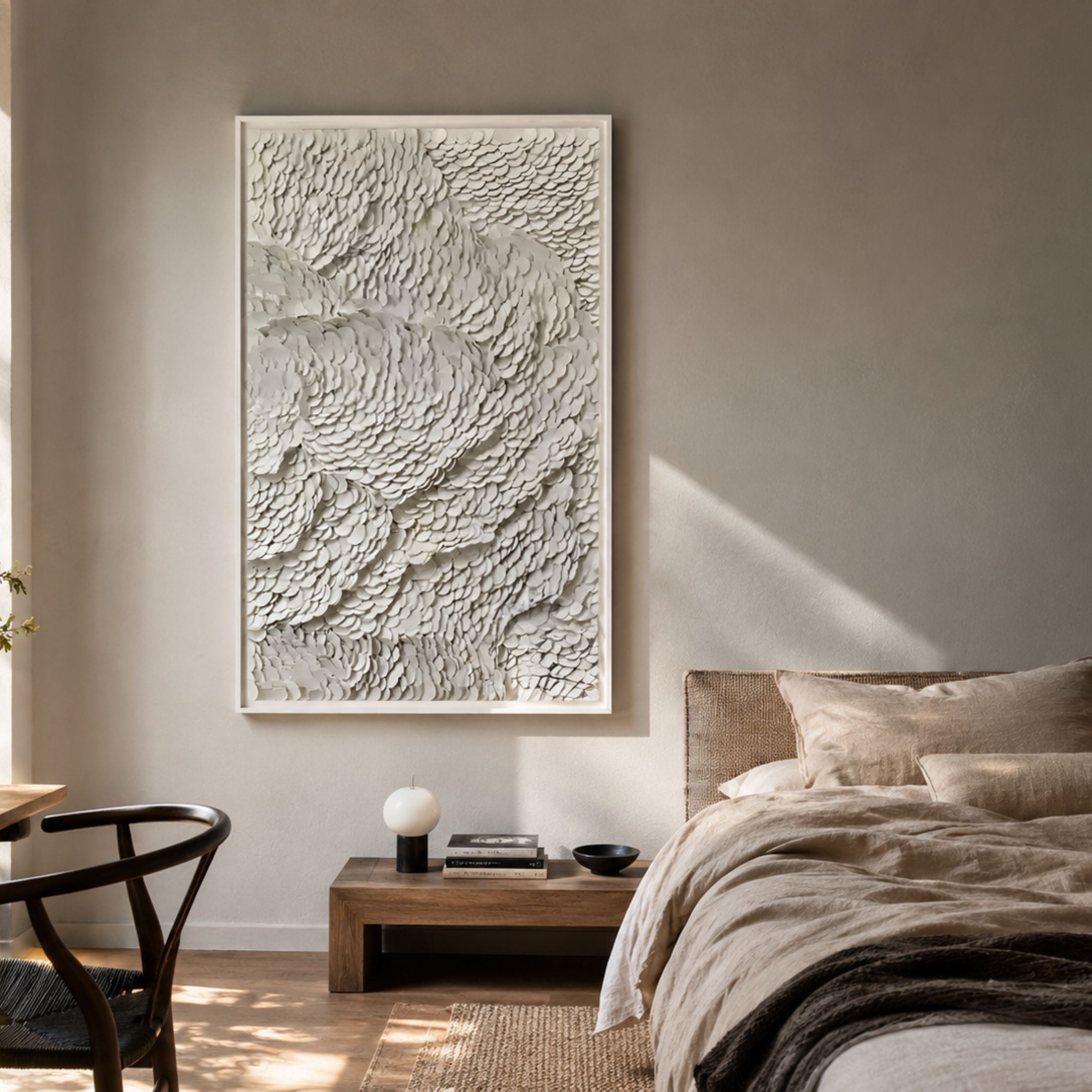 Petalwave White Contour Texture Leather 3D Wall Art by Giant Sculptures displayed above a wooden bench in a neutral bedroom with a linen-dressed bed.