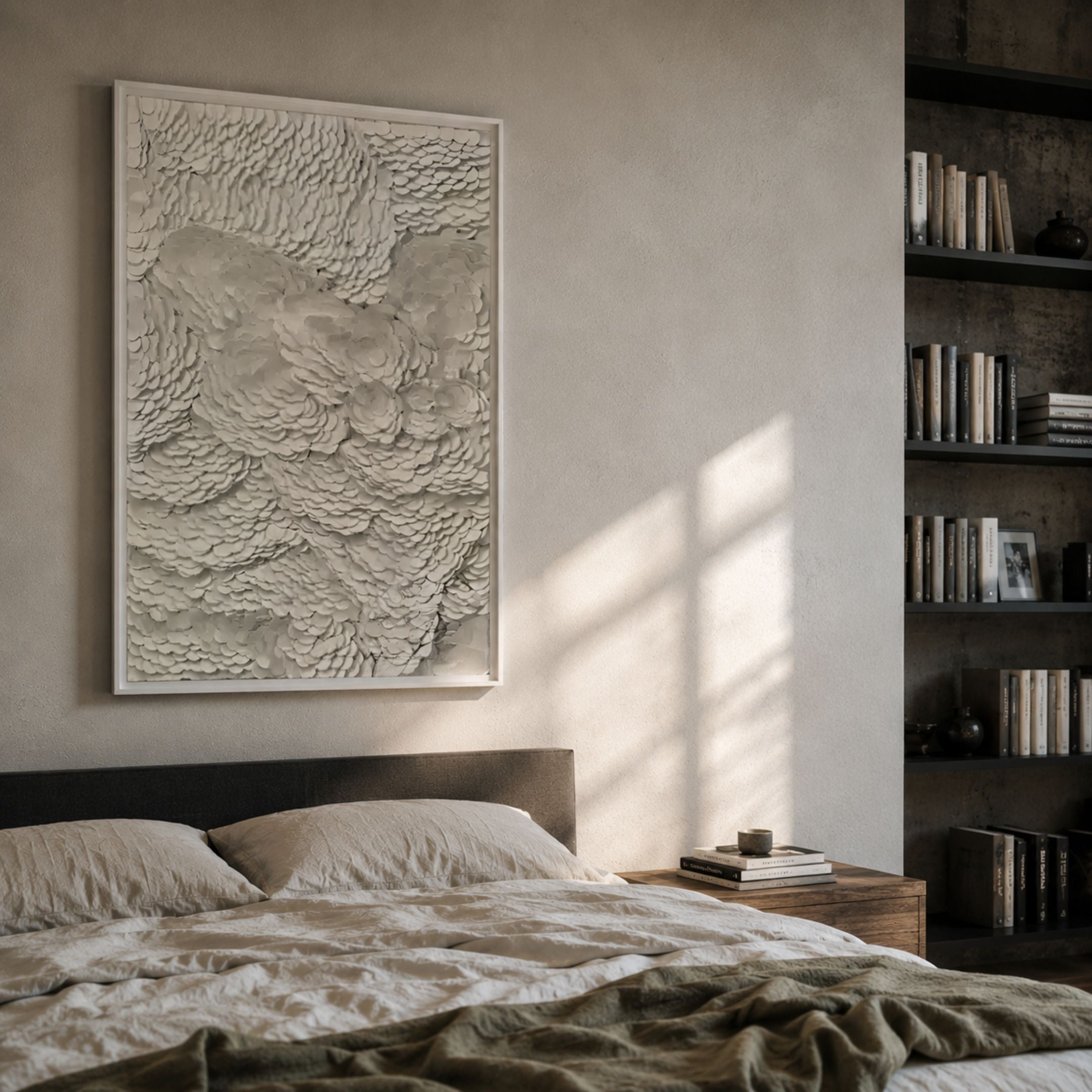 Petalwave Beige Ripple Cluster Leather 3D Wall Art by Giant Sculptures displayed above a linen-dressed bed beside a dark bookshelf in a warm neutral bedroom.