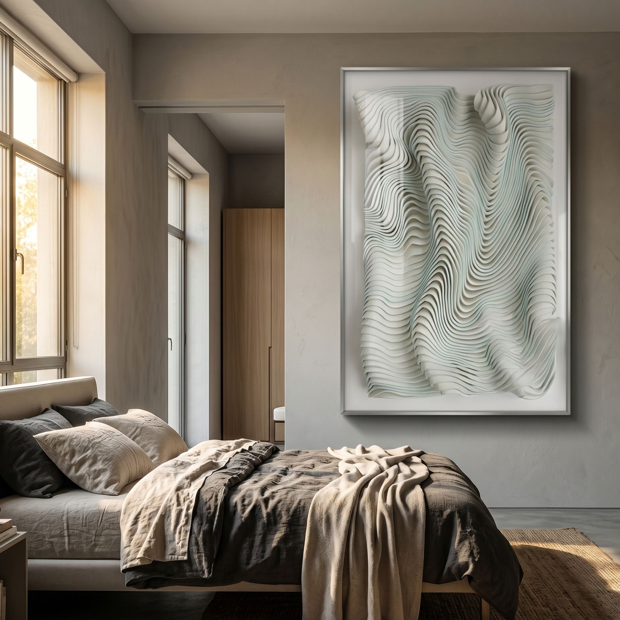 Contour Mint Veil Soft Sculpted Curves Felt 3D Wall Art by Giant Sculptures, framed above a linen-dressed bed in a sunlit neutral bedroom with oak wardrobe.