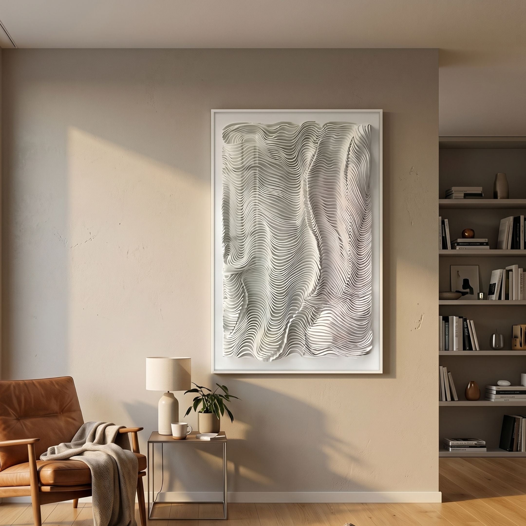 Contour Stone Grey Fluid Terrain Lines Felt 3D Wall Art by Giant Sculptures, framed above a side table with lamp and plant beside a tan leather armchair.