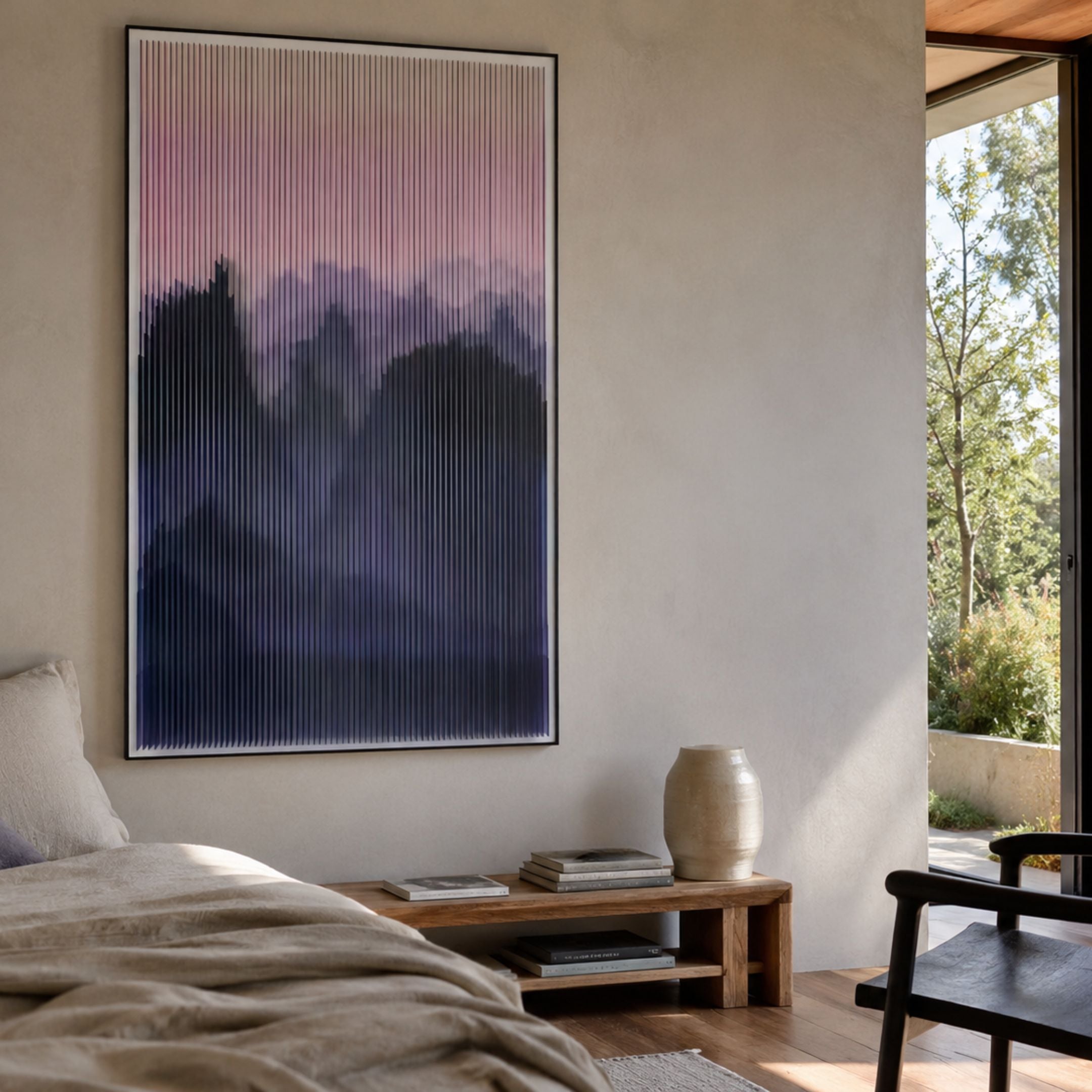 Mistline Violet Haze Mountain Scene Acrylic 3D Wall Art by Giant Sculptures, displayed above a wooden bench in a sunlit bedroom with garden view.