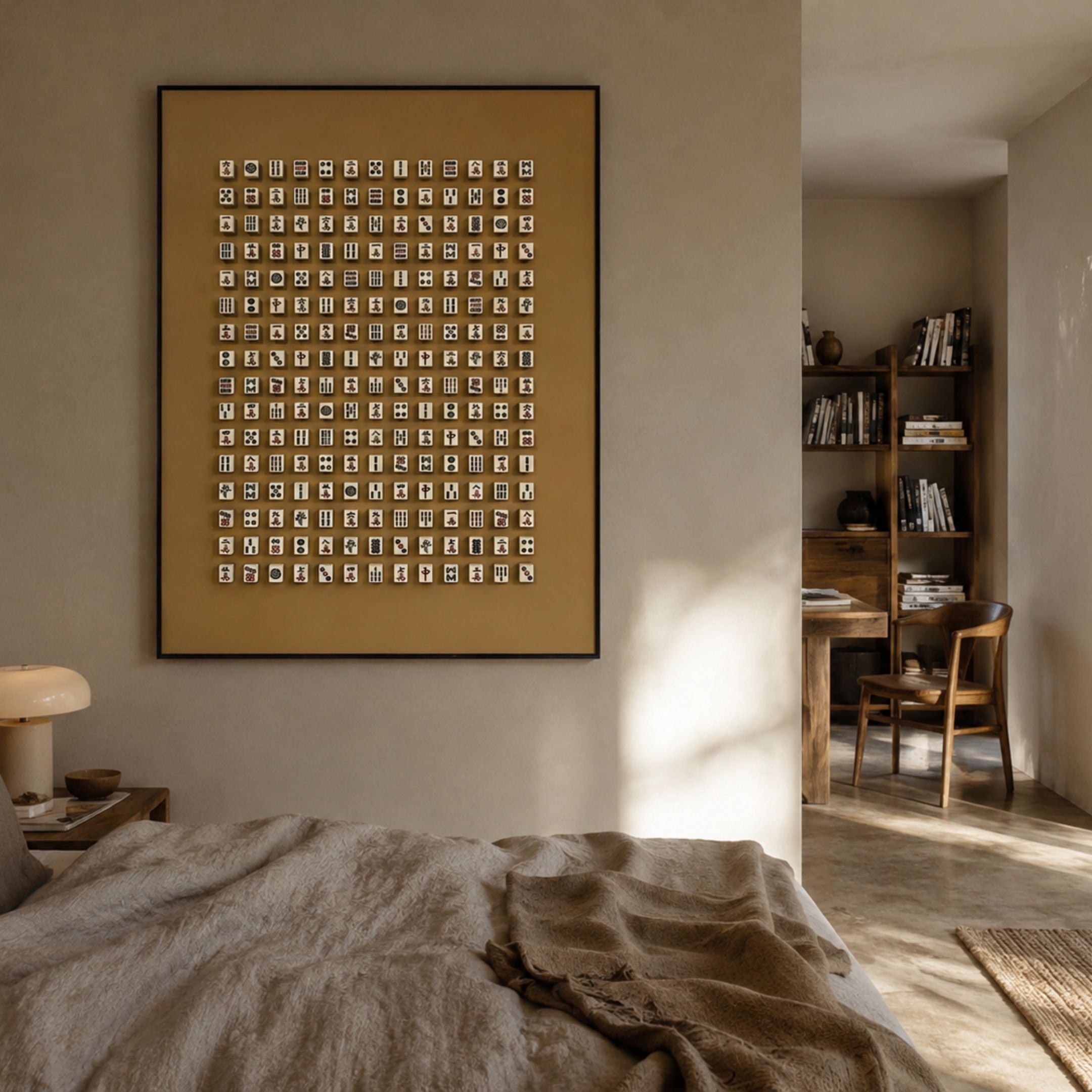 Echoes Mahjong Bamboo & Acrylic 3D Wall Art by Giant Sculptures, framed grid of tan mahjong tiles displayed above a bed in a warm neutral bedroom.