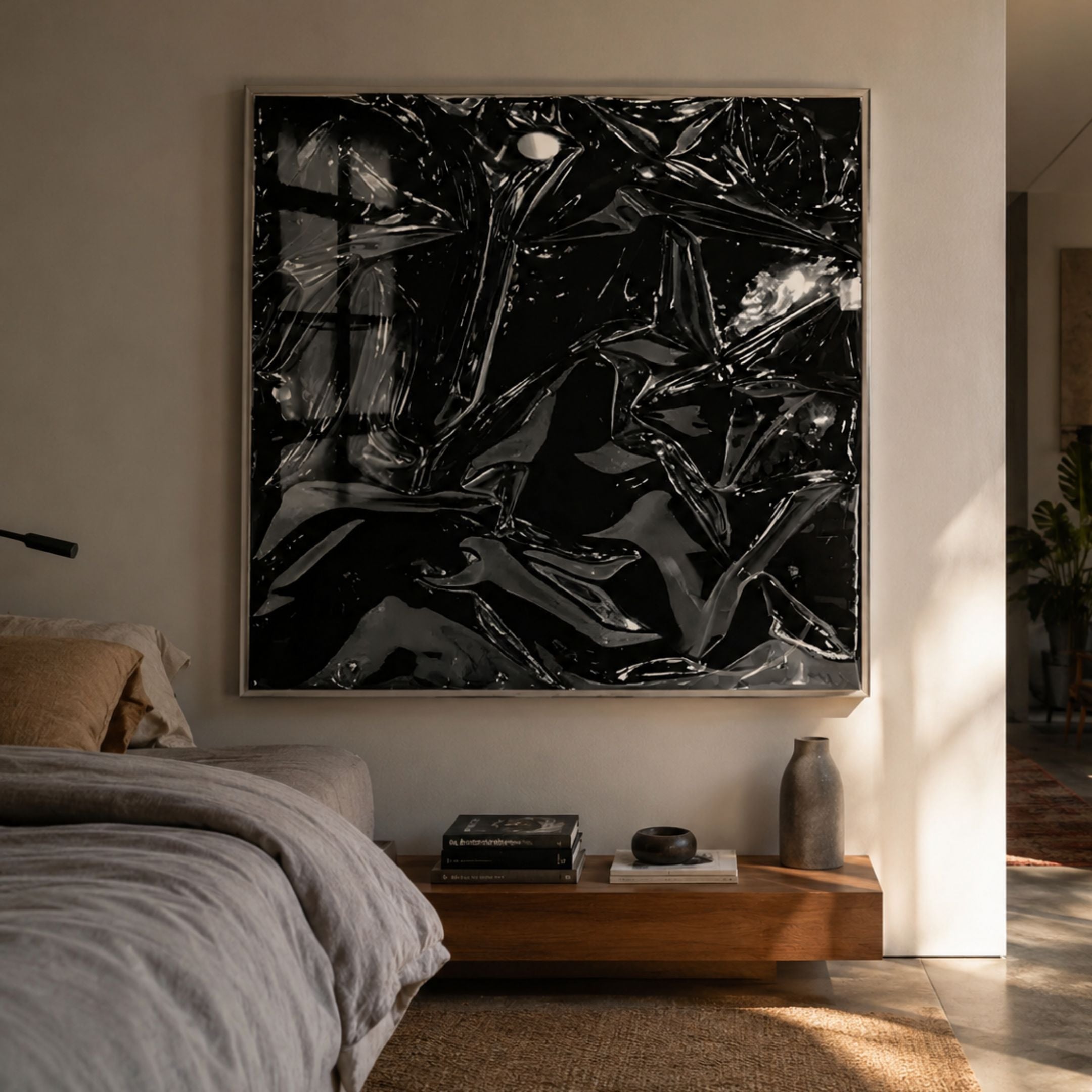 Moden Obsidian Black Metallic Flow Leather 3D Wall Art in an acrylic frame, mounted above a wooden bedside ledge in a warmly lit modern bedroom.
