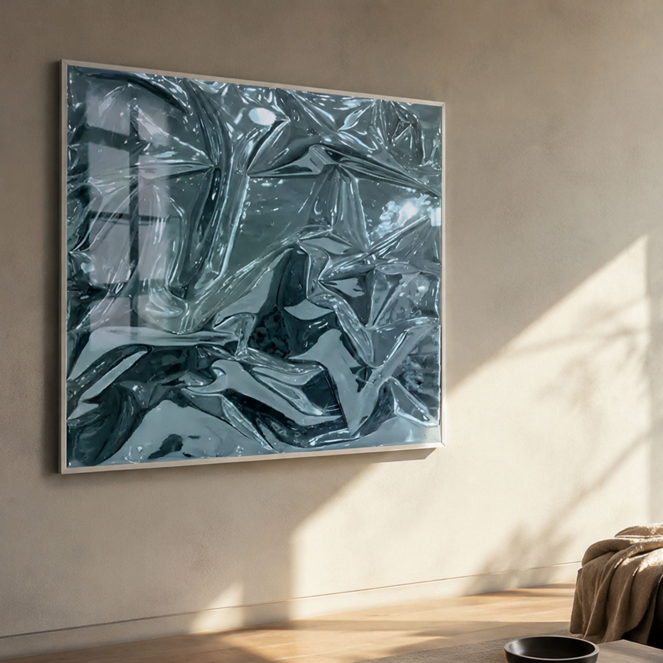 Moden Steel Blue Metallic Flow Leather 3D Wall Art by Giant Sculptures, mounted on a beige wall in a sunlit modern room with wood flooring.
