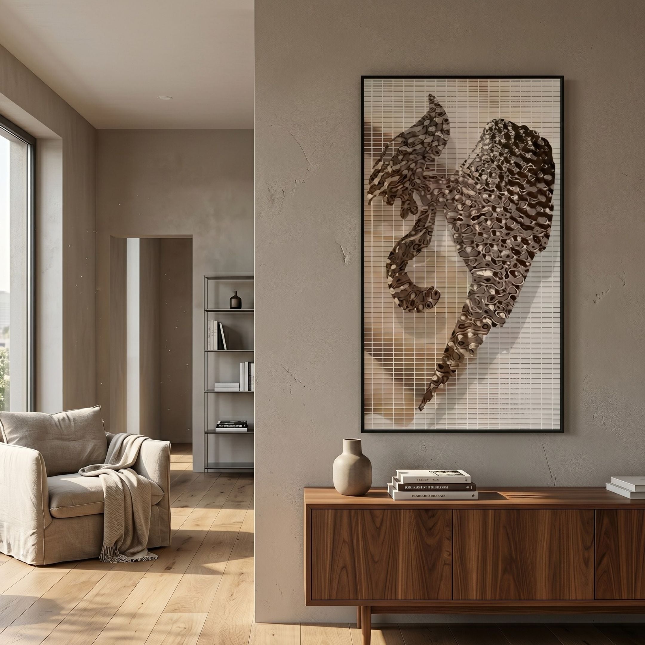 Rise Bronze Dragon Wing Form Metal 3D Wall Art by Giant Sculptures displayed above a walnut sideboard in a neutral living room with armchair.