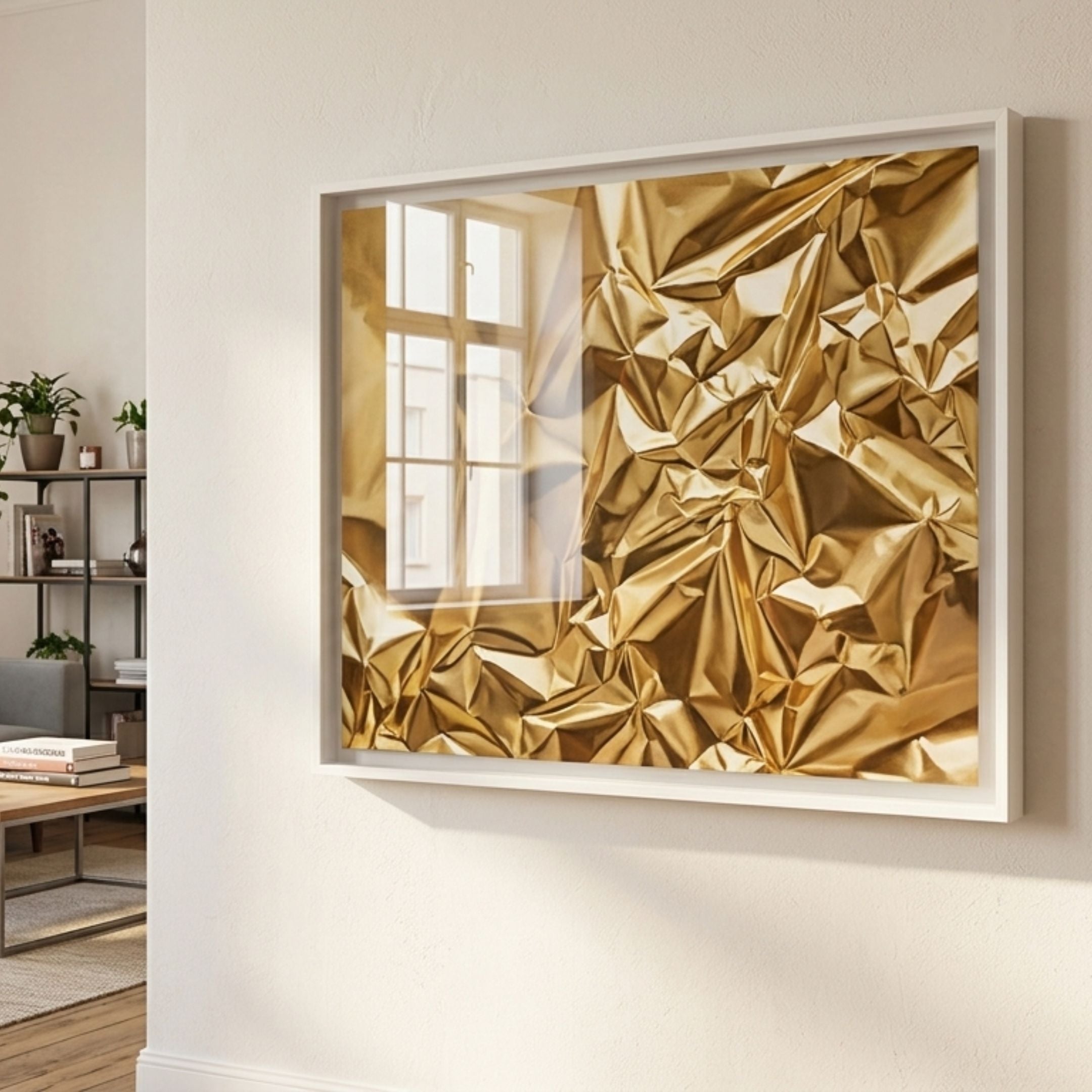 Moden Bronze Metallic Flow Leather 3D Wall Art by Giant Sculptures in a white acrylic box frame, displayed on a cream wall above a console with plants and books.