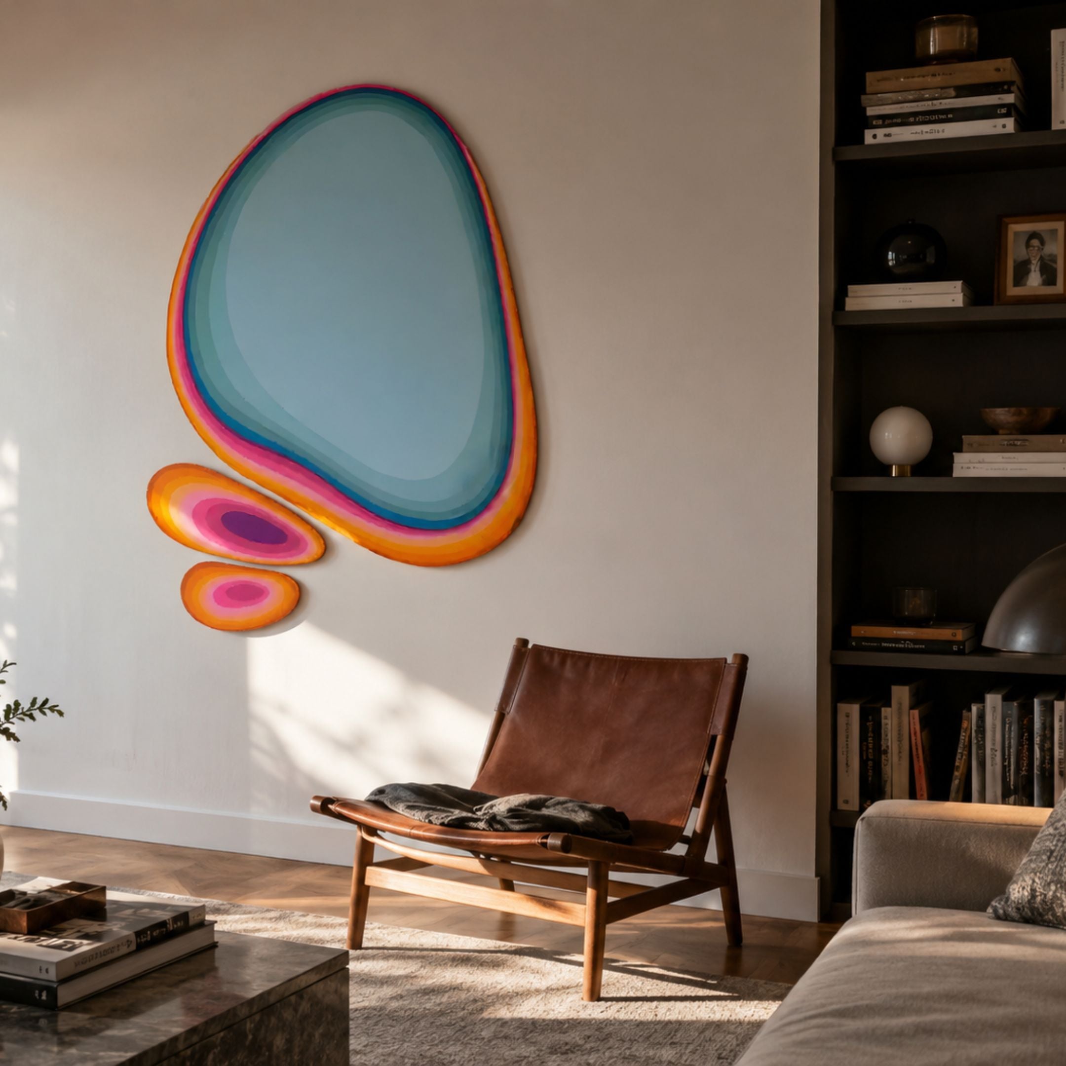 Pulse Glow Organic Pebble Formation Acrylic UV Wall Art by Giant Sculptures, displayed above a brown leather chair beside a dark bookshelf in a living room.