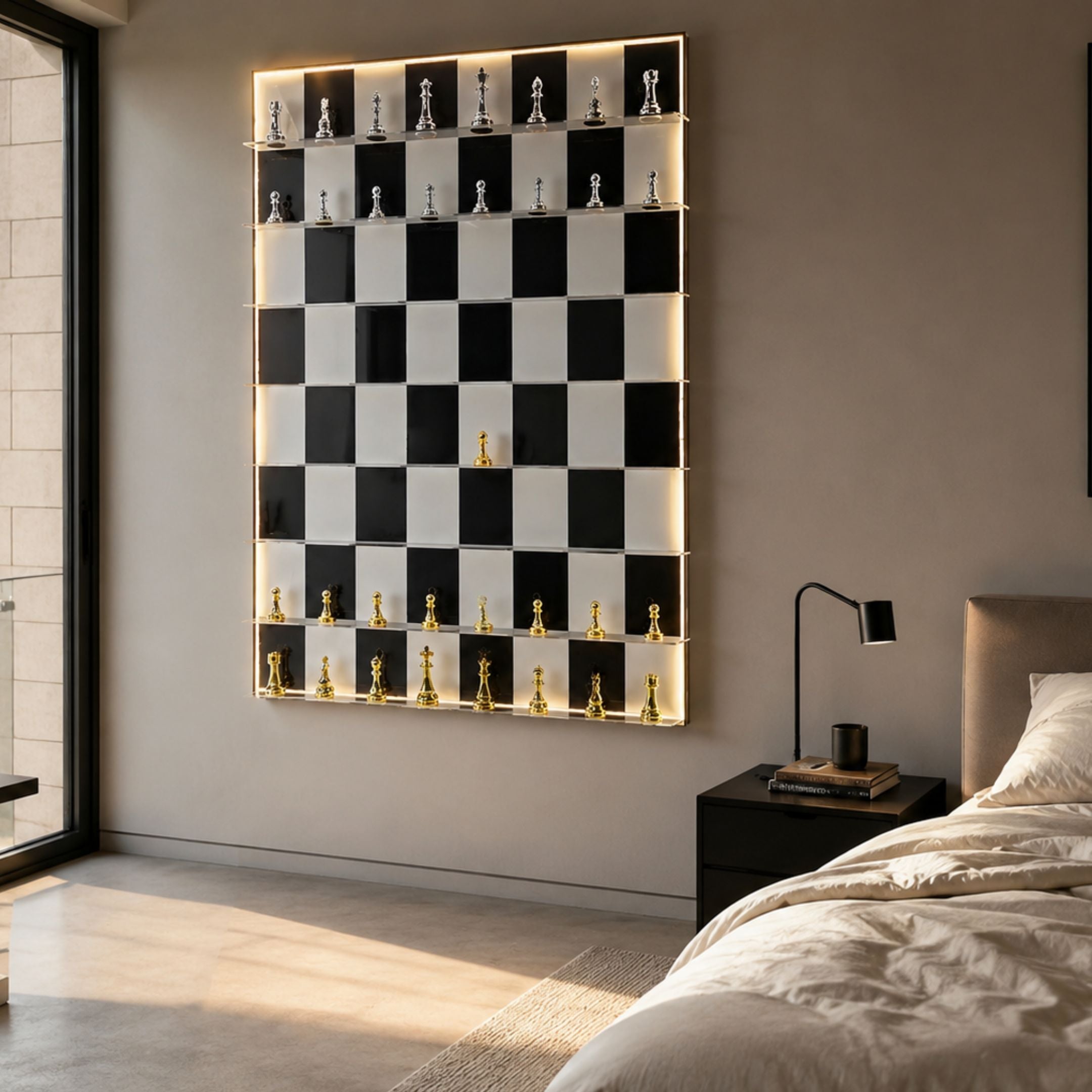 Strategix Black & White Chessboard Acrylic 3D LED Wall Art by Giant Sculptures with silver and gold pieces, mounted in a modern bedroom beside the bed.