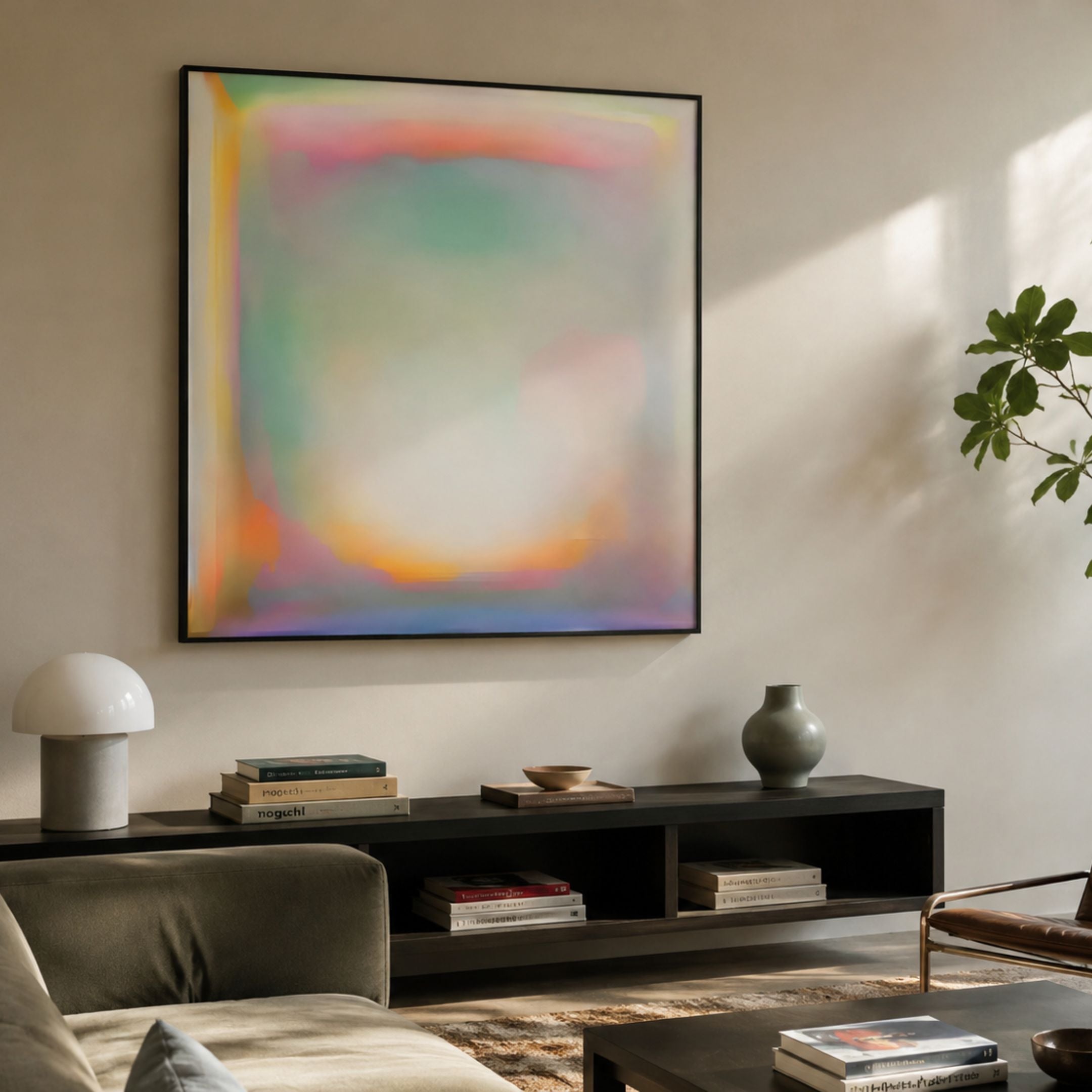 Lumin Spectrum Field Crystal Porcelain Wall Art by Giant Sculptures in a black frame, displayed above a dark console with books, lamp and vase in a living room.