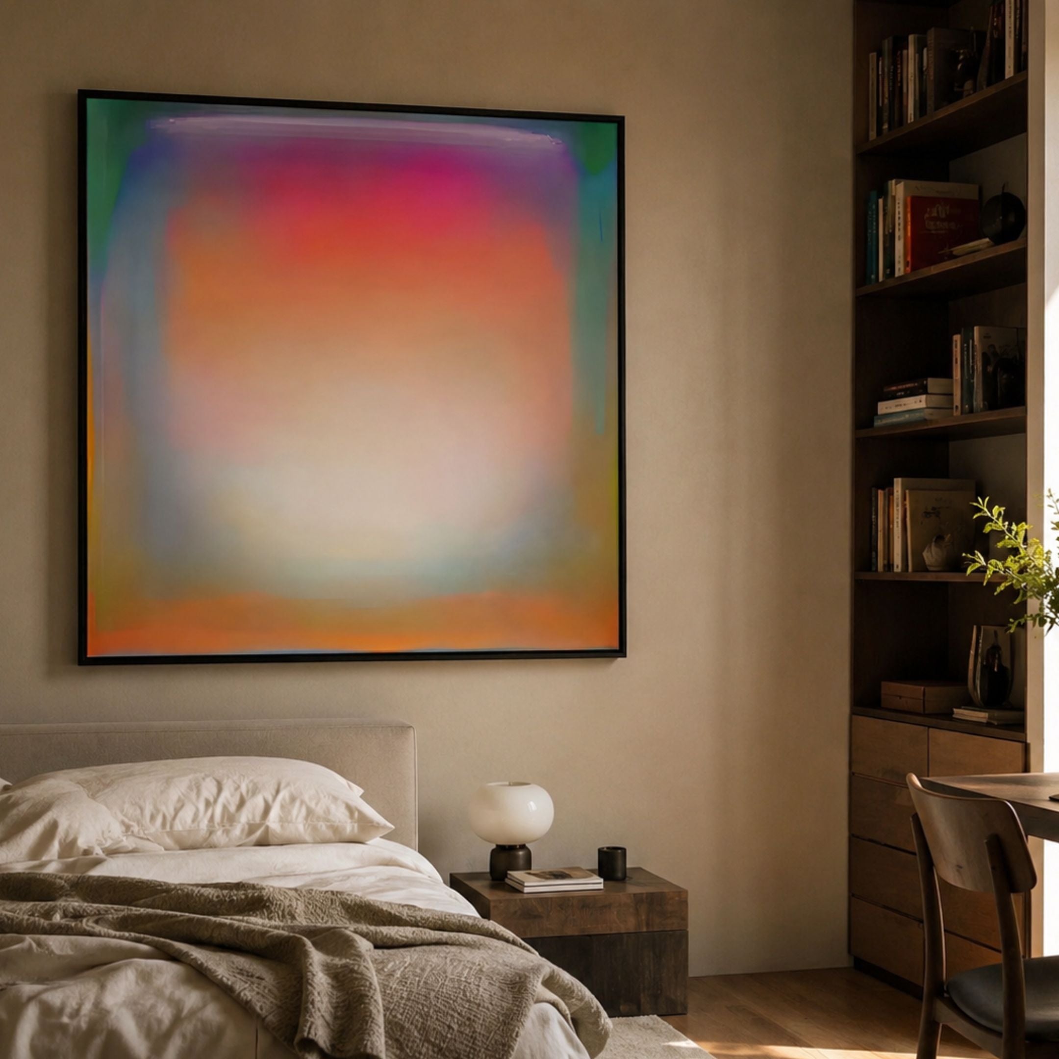 Lumin Ethereal Light Flood Crystal Porcelain Wall Art with peach, pink and aqua gradient in a slim dark frame, displayed above a bed beside a bookshelf.