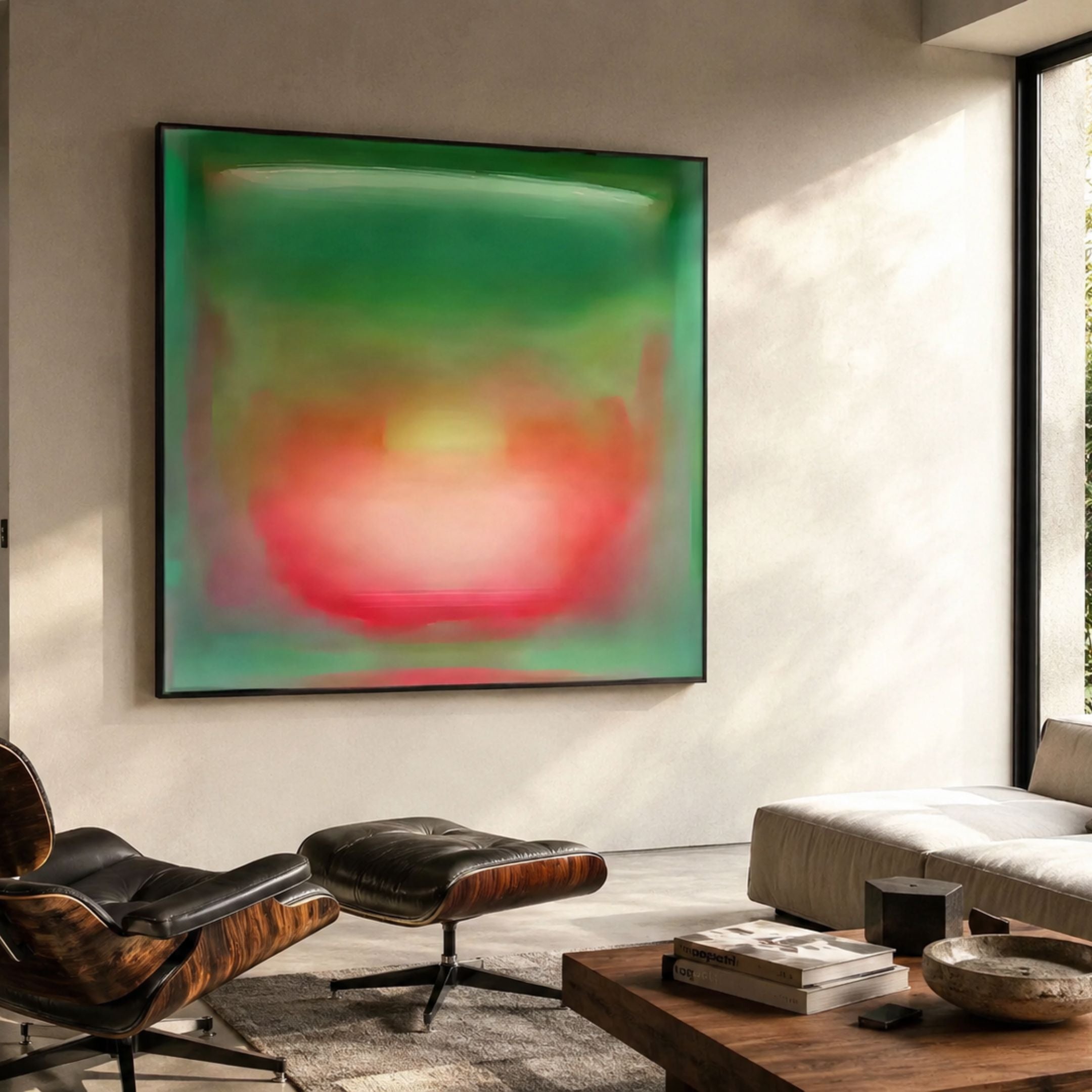 Lumin Dreamscape Crystal Porcelain Wall Art by Giant Sculptures, with a glowing rose-pink core blending into green gradients, displayed above an Eames lounge chair.