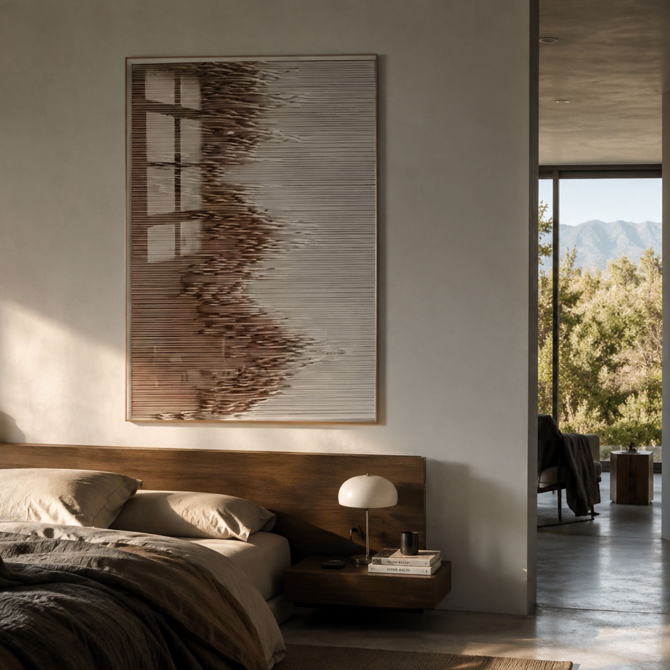 Tessa Walnut Ridges Wood Carving 3D Wall Art by Giant Sculptures displayed above a walnut bed with linen bedding in a modern bedroom with mountain views.