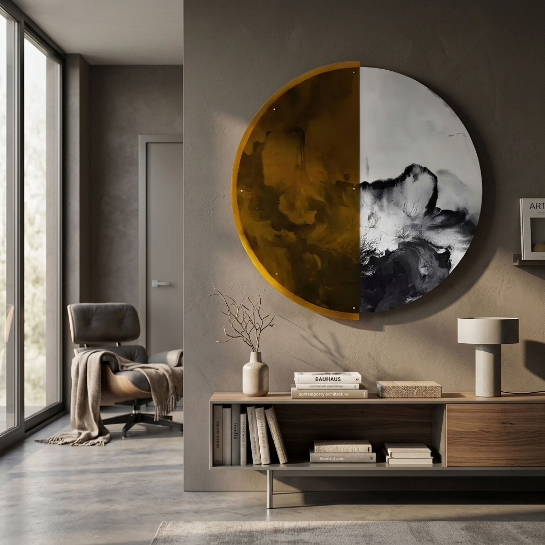 Halvra Amber Mist Divide Acrylic 3D Wall Art by Giant Sculptures mounted above a wooden console in a modern living room with a leather lounge chair.