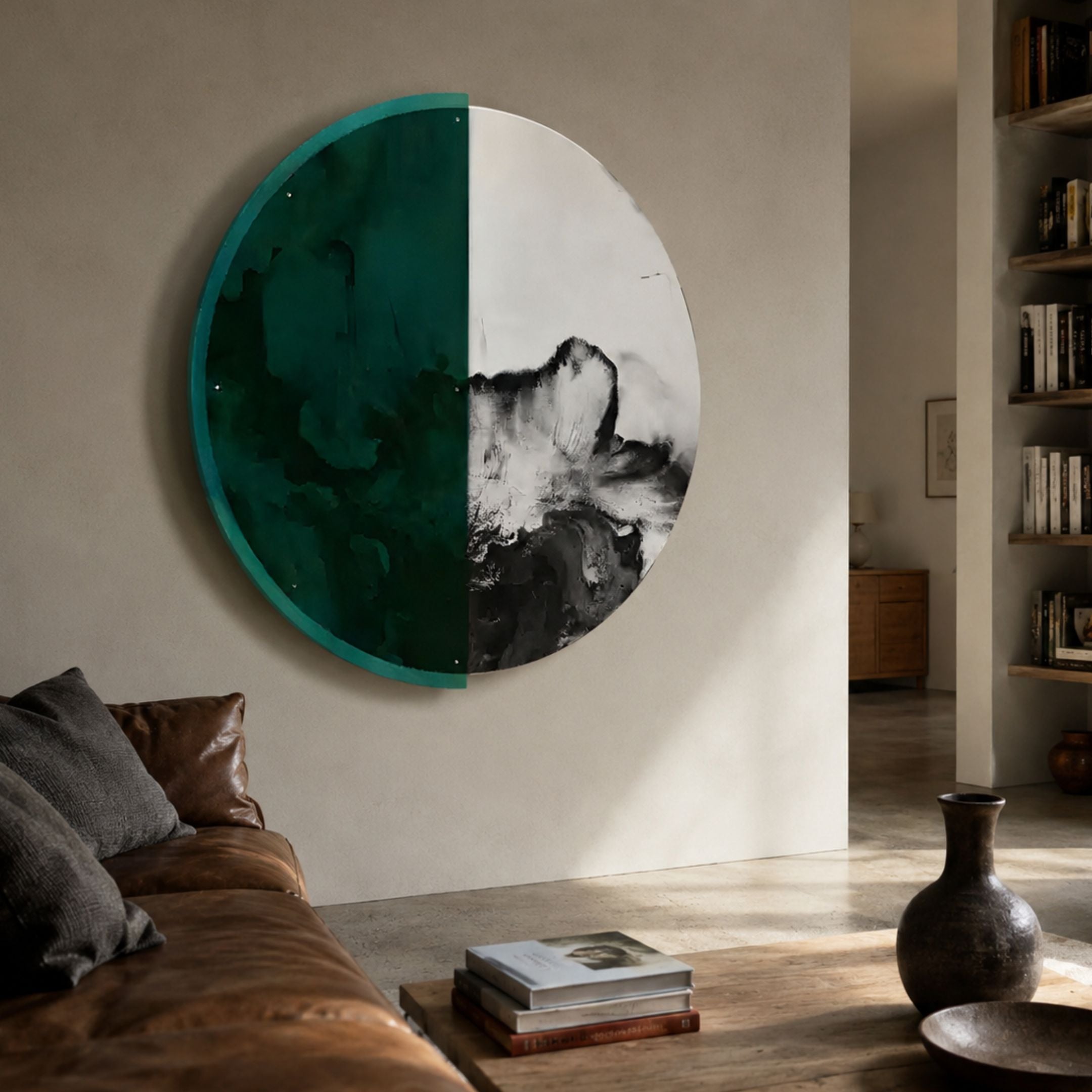 Halvra Emerald Smoke Swirl Acrylic 3D Wall Art mounted above a brown leather sofa, its emerald and black-and-white swirled halves anchoring a sunlit living room.