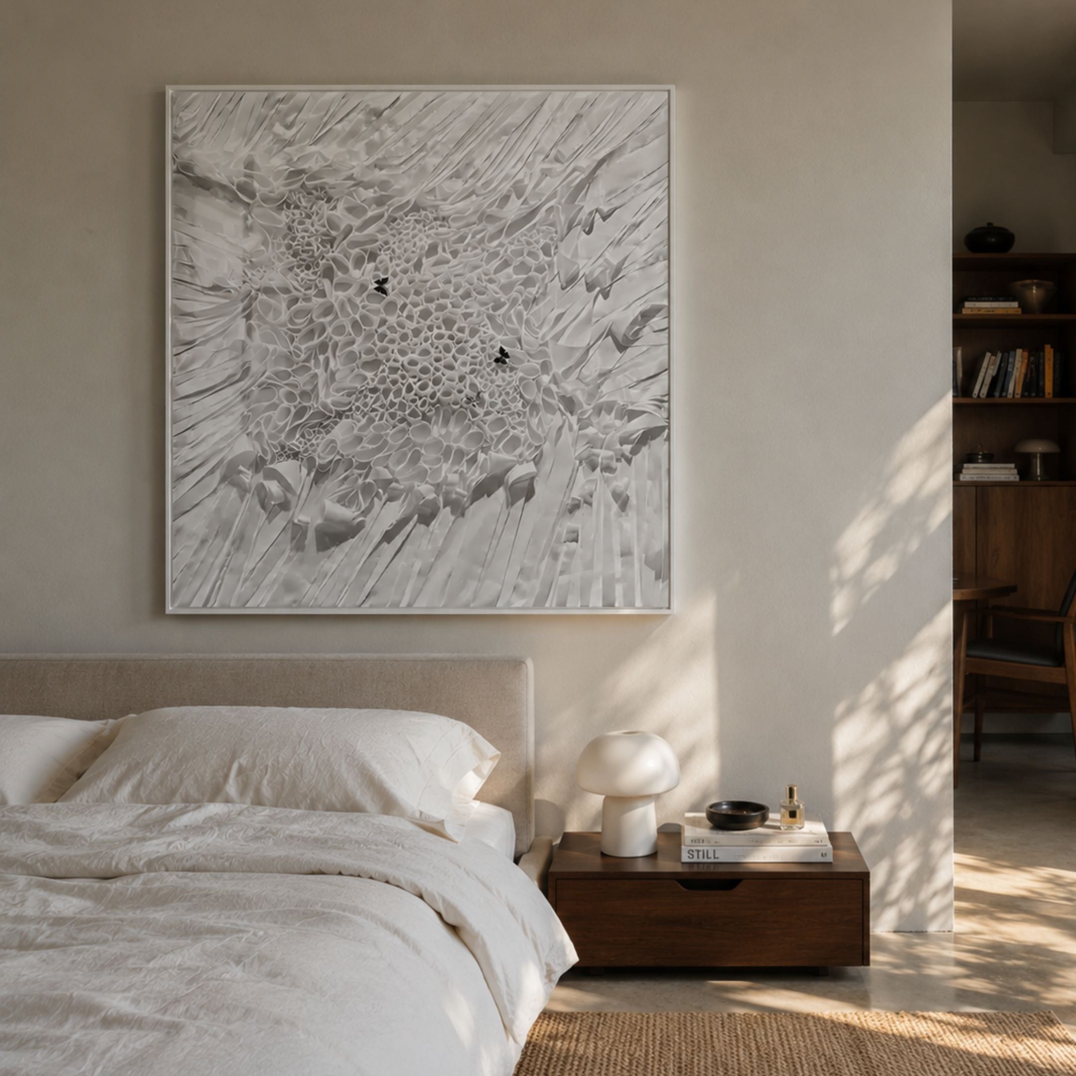 Velorra Pearl White Bloom Ribbon Acrylic Frame 3D Wall Art displayed above an upholstered bed with white linen, walnut nightstand, and mushroom lamp.