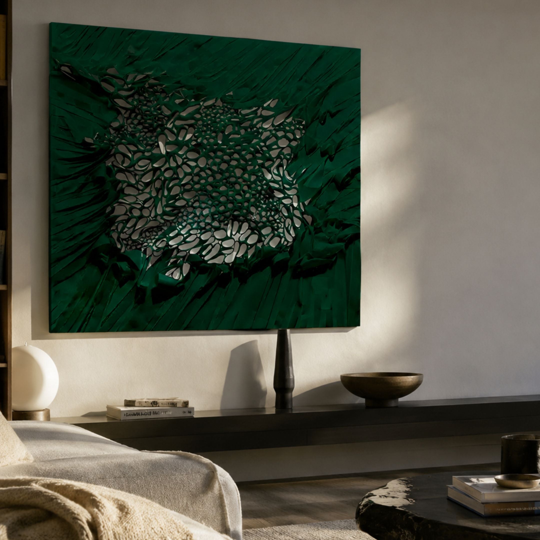 Velorra Emerald Green Bloom Ribbon Frameless 3D Wall Art mounted above a dark floating console with a black lamp and bowl in a neutral living room.