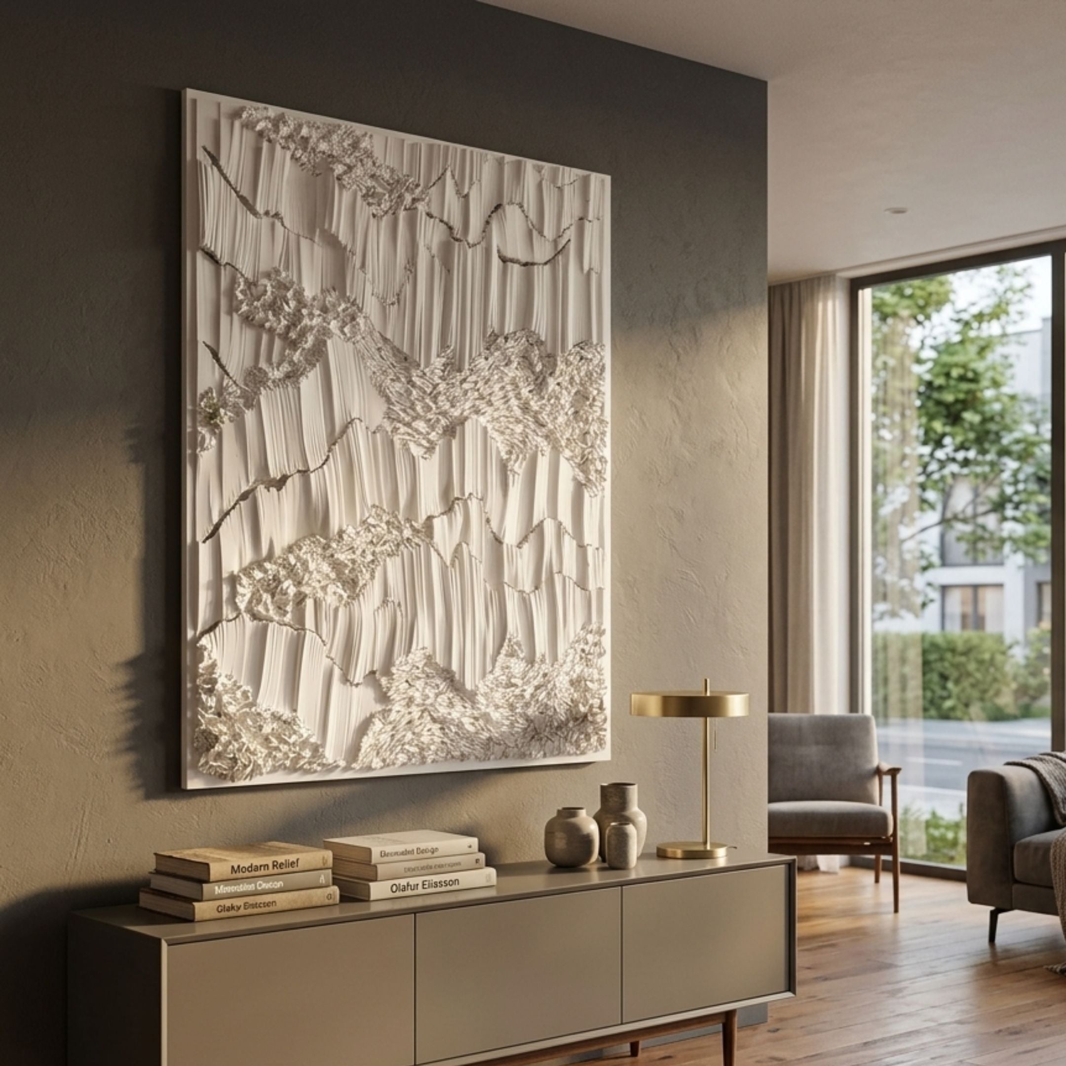 Tessara Ivory Ridge Contour Felt 3D Wall Art by Giant Sculptures displayed above a taupe sideboard with books and brass lamp in a modern living room.