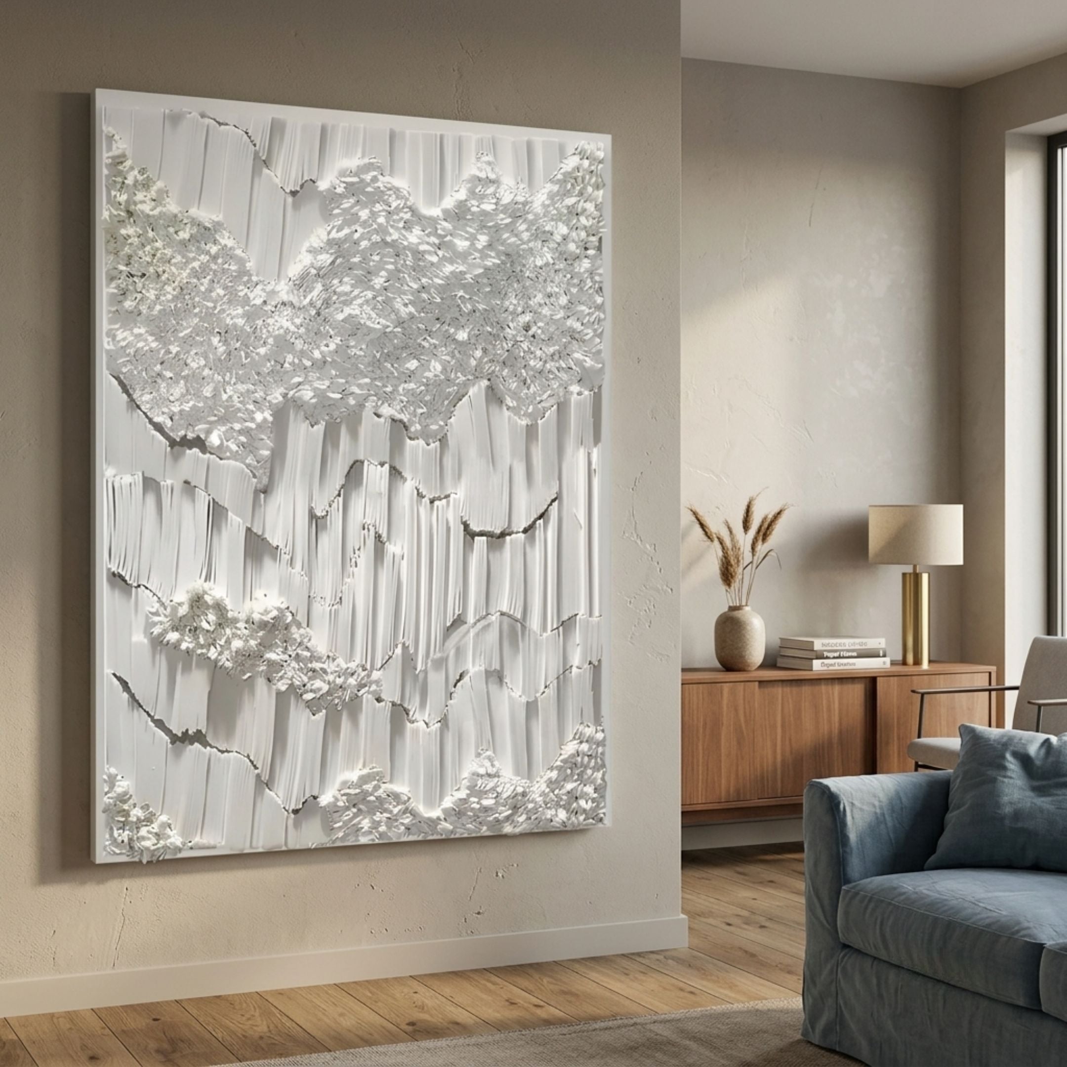 Tessara Ivory Layered Texture Felt 3D Wall Art by Giant Sculptures mounted in a neutral living room above oak flooring beside a wooden sideboard and blue armchair.