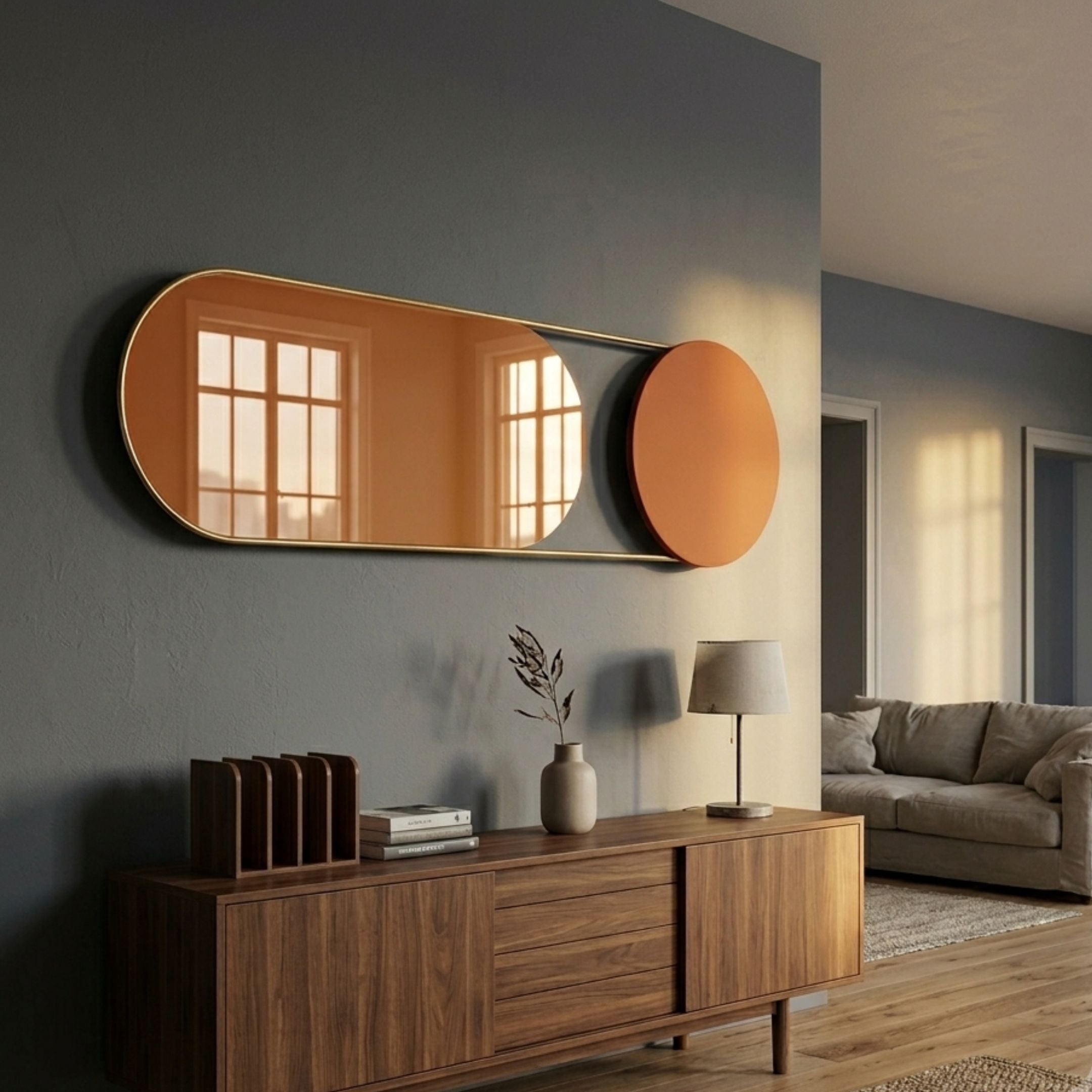 Modvara Solid Burnt Orange Fusion Acrylic & Leather Wall Art mounted on a grey wall above a walnut sideboard with lamp and vase in a modern living room.
