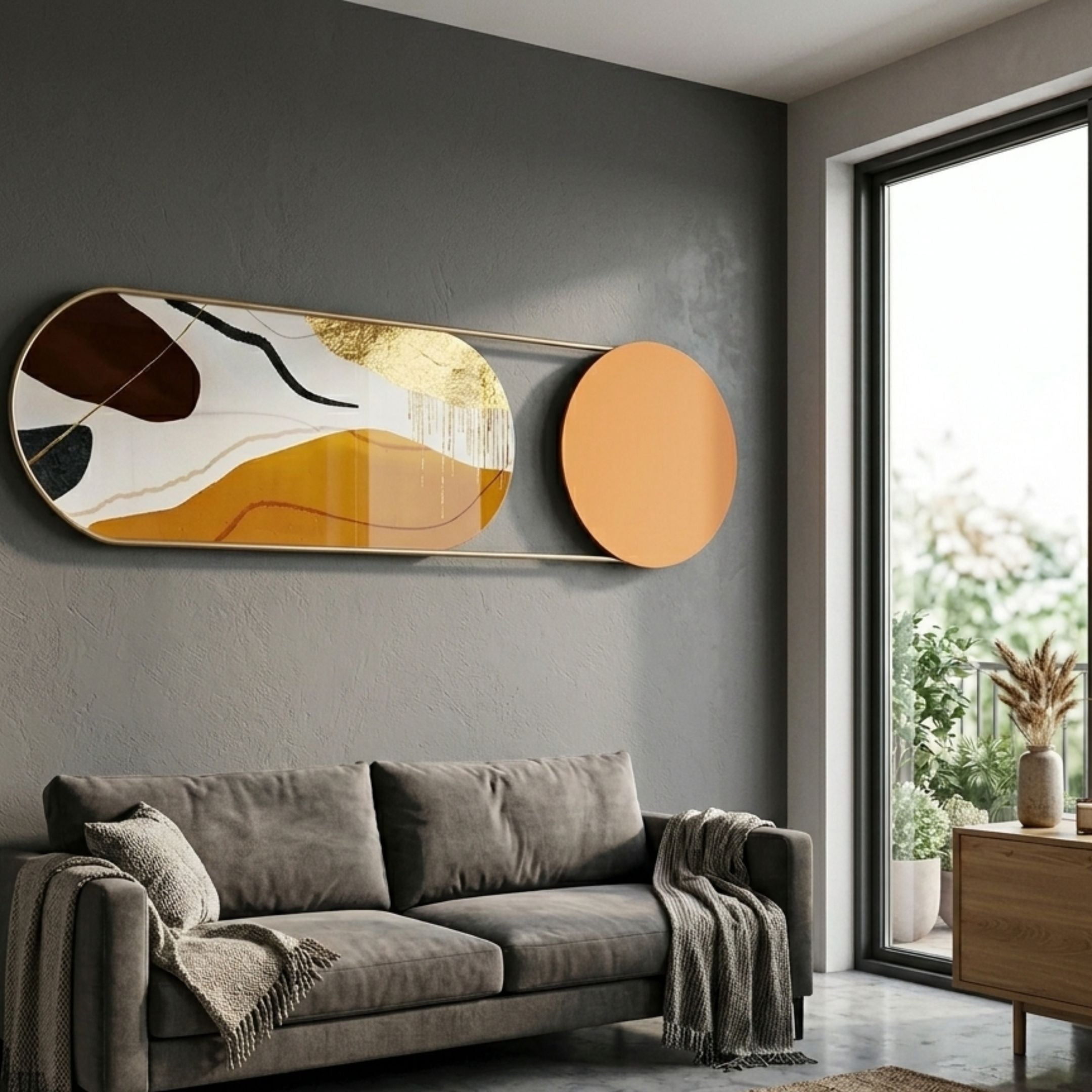 Modvara Burnt Orange Fusion Acrylic & Leather Wall Art in a gold capsule frame with amber, cream and orange disc, hung above a grey sofa by a window.