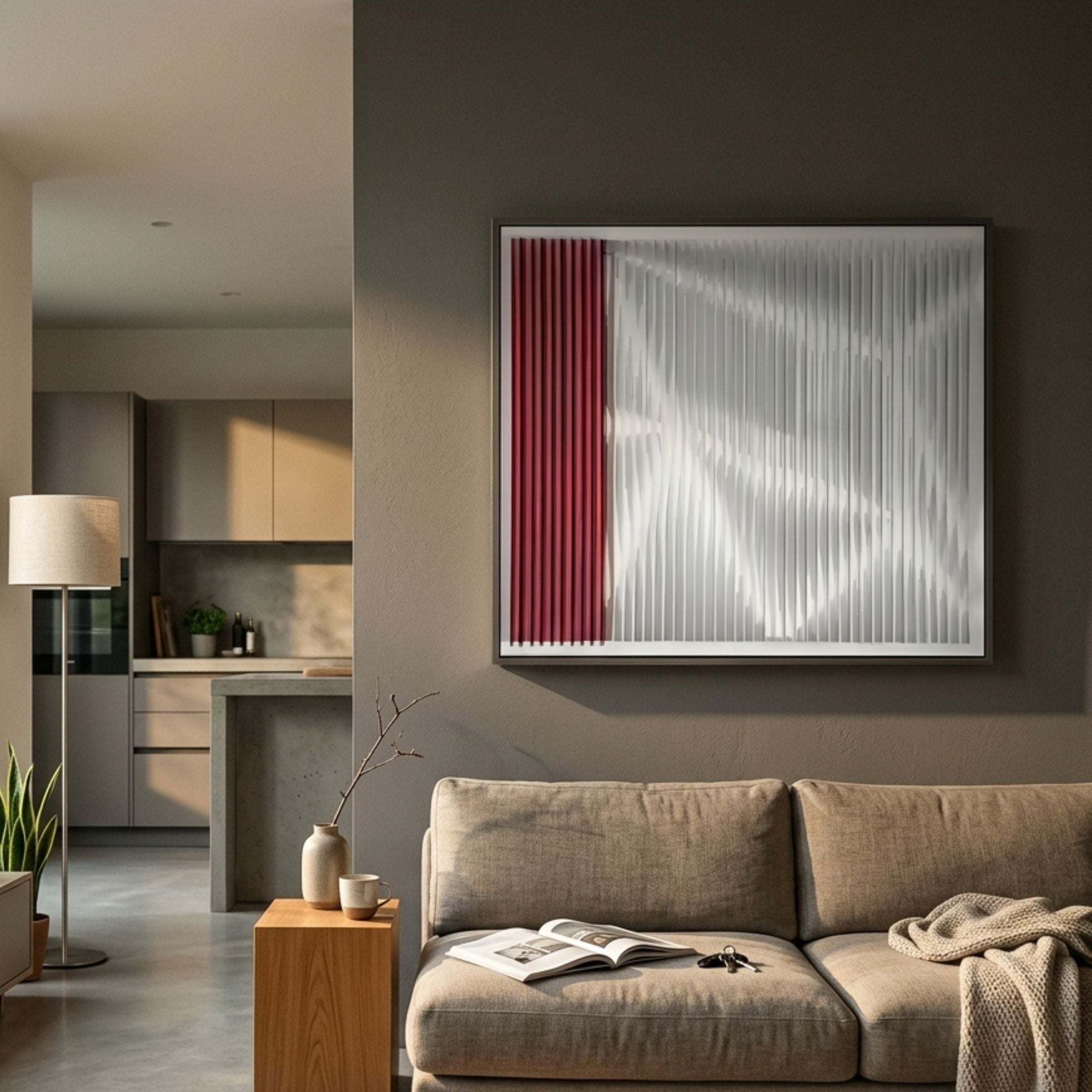Vistara II Crimson & White Crinkle Texture Acrylic 3D Wall Art mounted on a grey wall above a beige sofa in a modern living room beside an open kitchen.