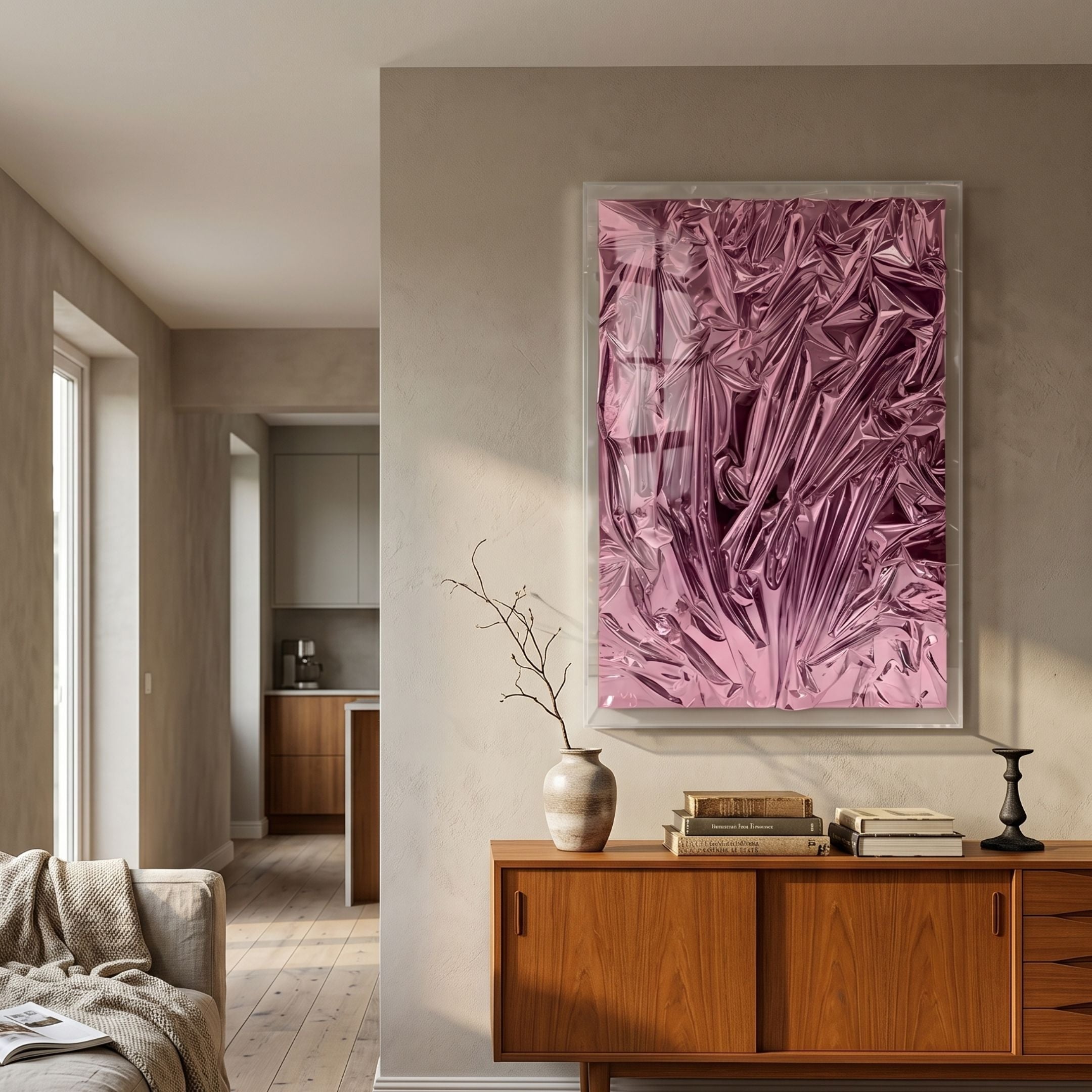Metallique Pink Silver Crinkle Texture Leather 3D Wall Art in an acrylic frame, mounted above a mid-century teak sideboard with vase and books.