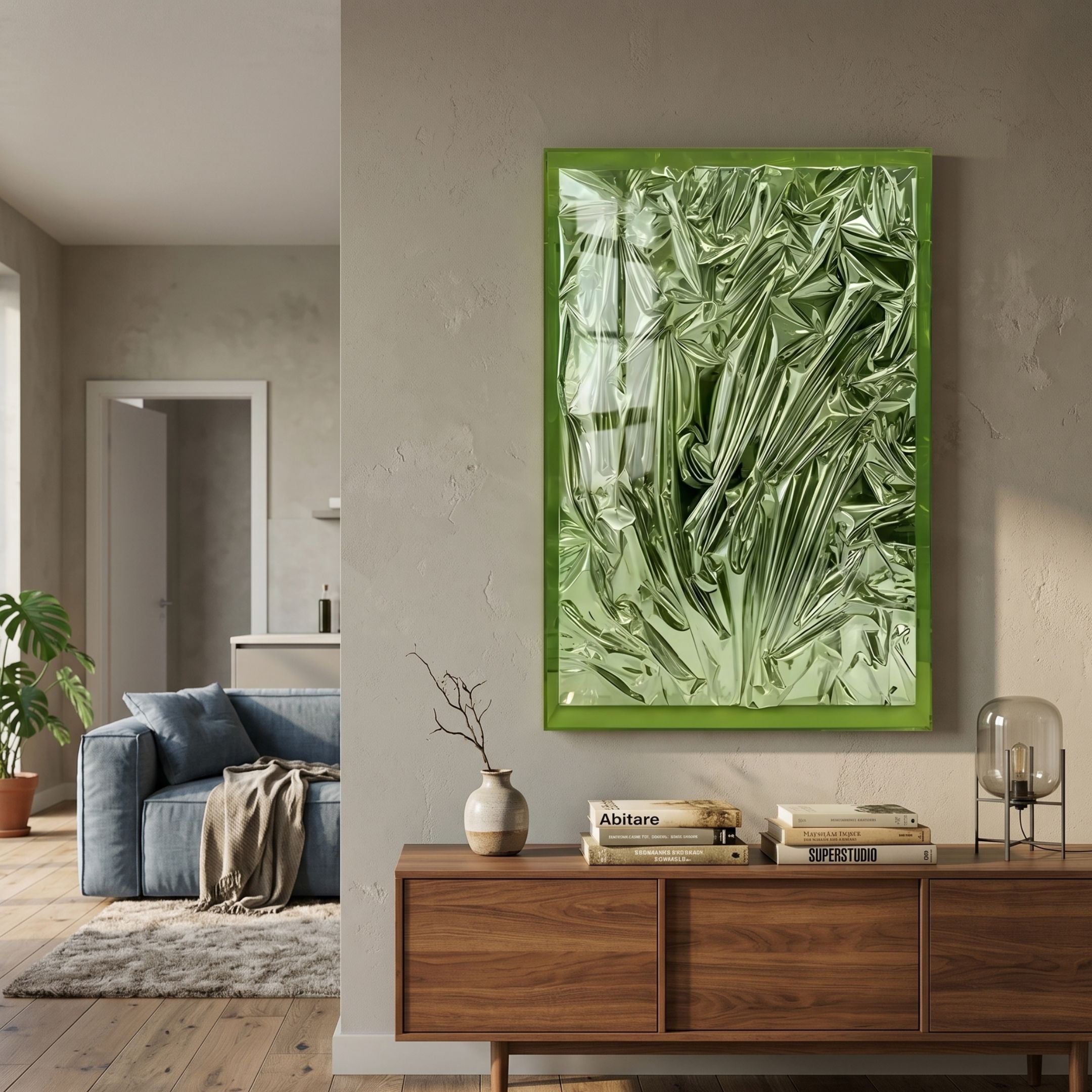Metallique Forest Green Crinkle Texture Leather 3D Wall Art by Giant Sculptures mounted above a walnut sideboard in a modern living room with a blue sofa.
