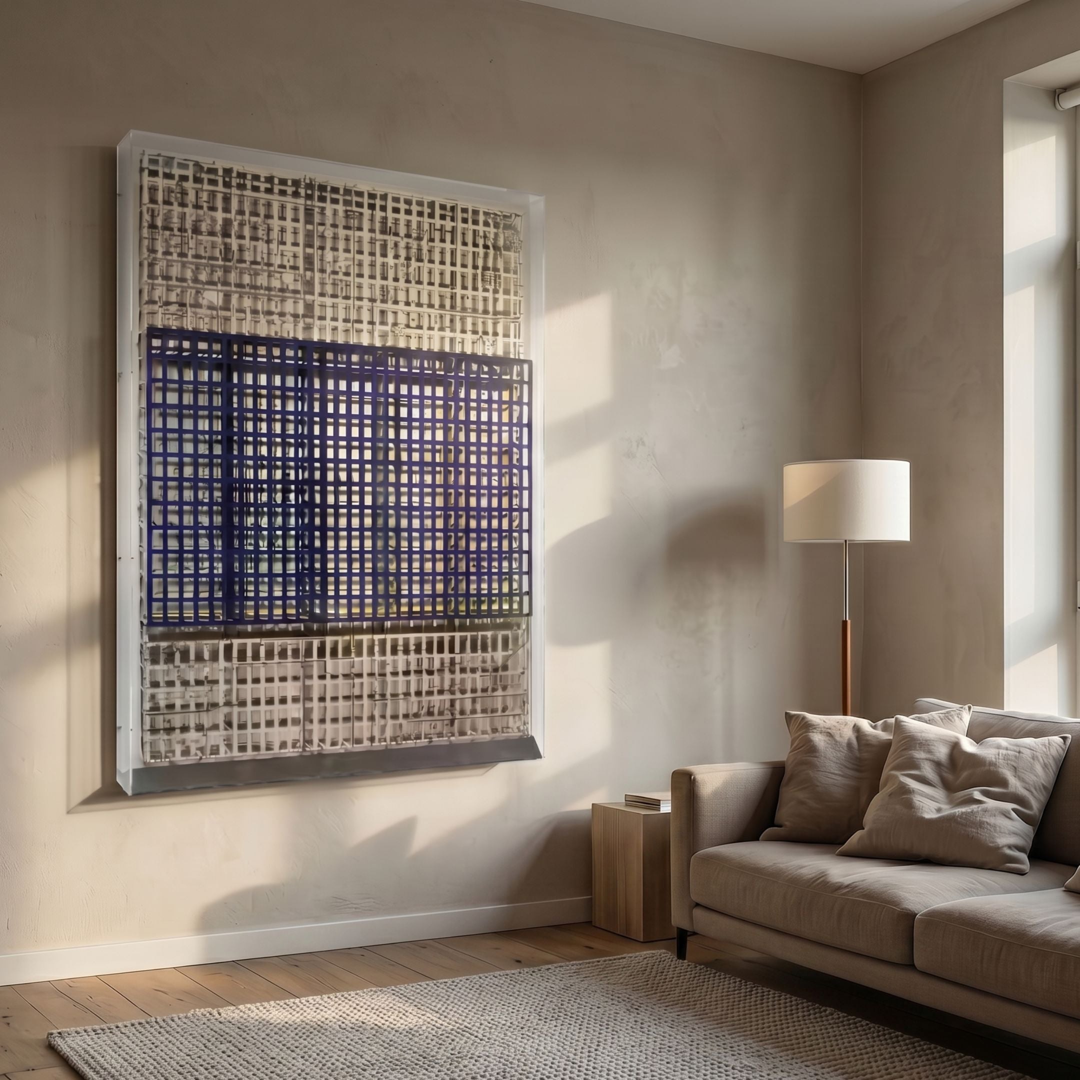 Artisana Navy Blue & Beige Grid 3D Paper Wall Art mounted in a neutral living room above a beige sofa, beside a floor lamp and sunlit window.