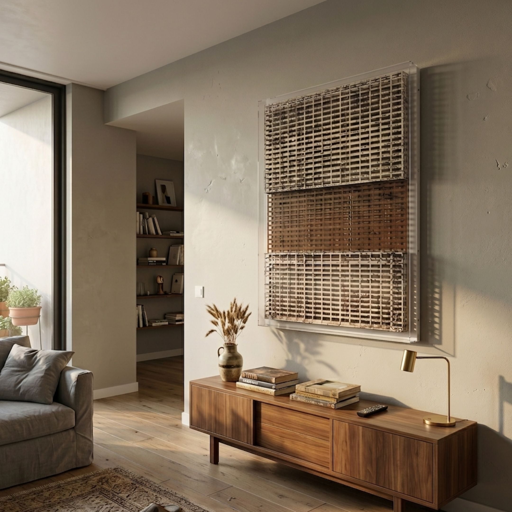 Artisana Natural Brown & Beige Grid 3D Paper Wall Art by Giant Sculptures displayed above a walnut sideboard with vase and lamp in a sunlit living room.