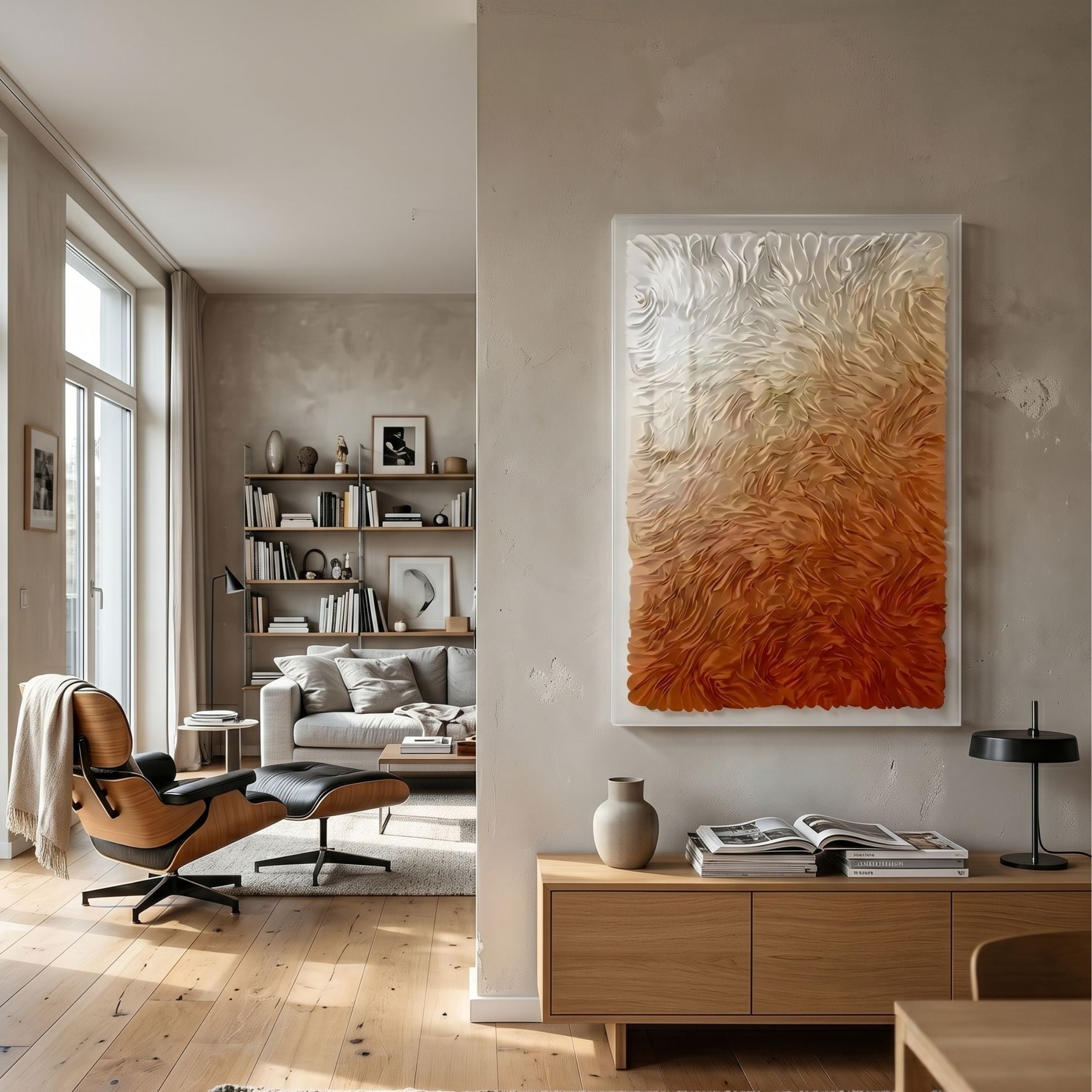 Floravia II White & Amber Ombre Leather 3D Wall Art by Giant Sculptures displayed in a modern living room with an Eames lounge chair and oak sideboard.