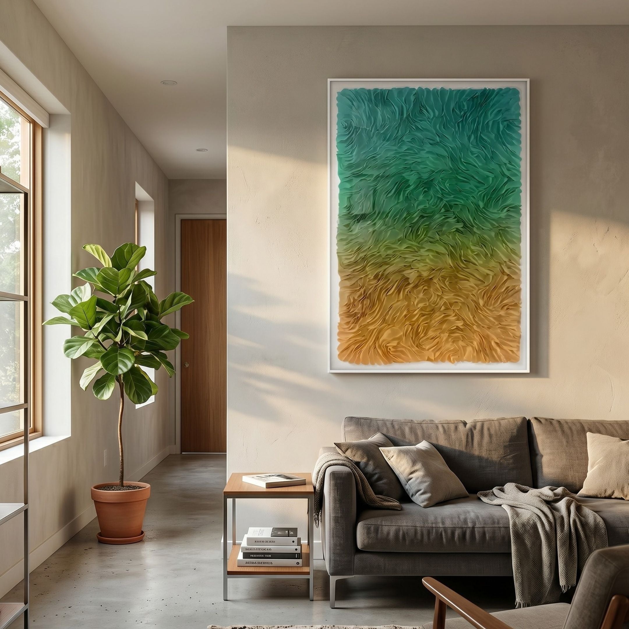 Floravia Teal & Amber Ombre Leather 3D Wall Art by Giant Sculptures displayed in a modern living room above a grey sofa, beside a potted fiddle leaf fig.