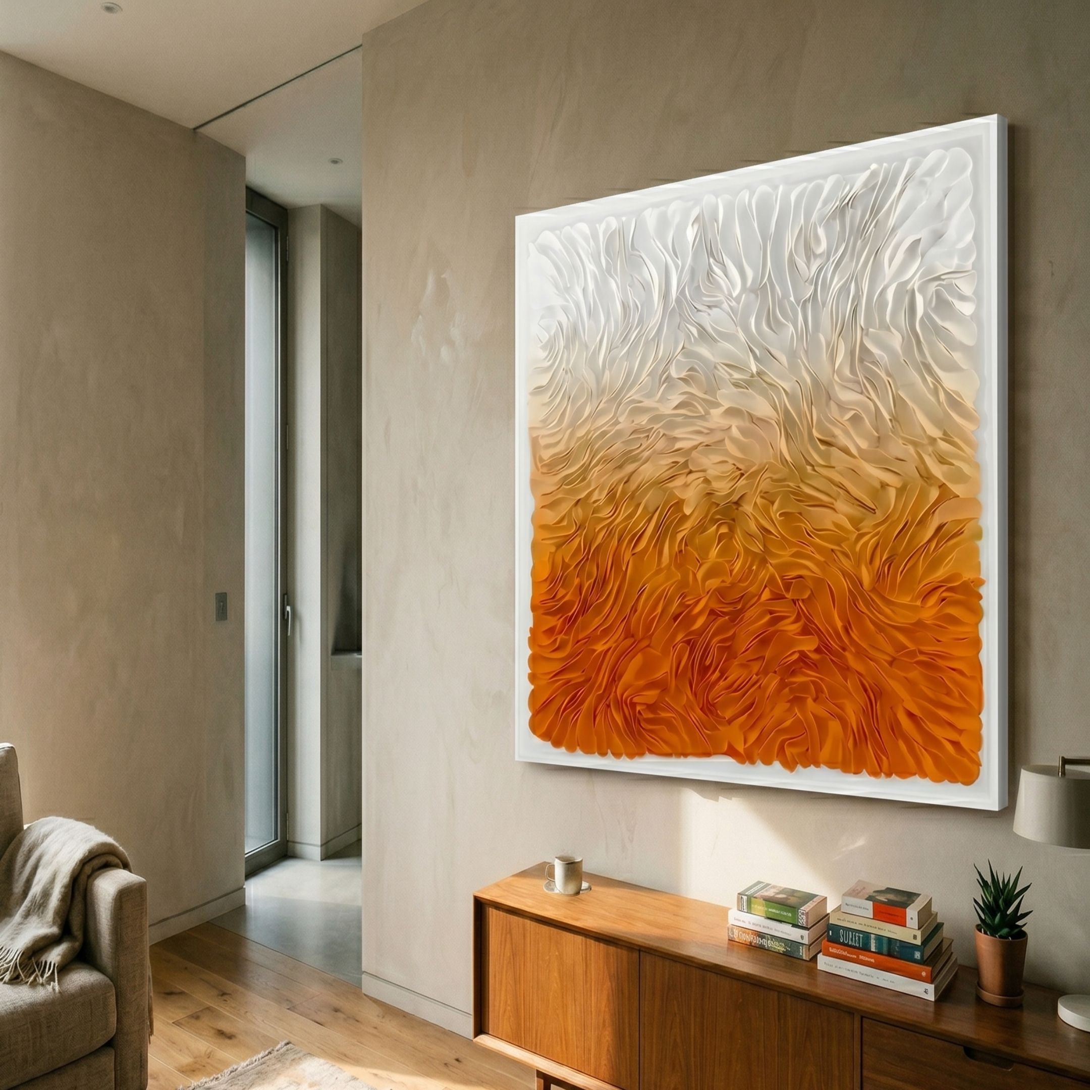Floravia I White & Amber Ombre Leather 3D Wall Art by Giant Sculptures displayed above a wooden sideboard in a modern living room with neutral walls.