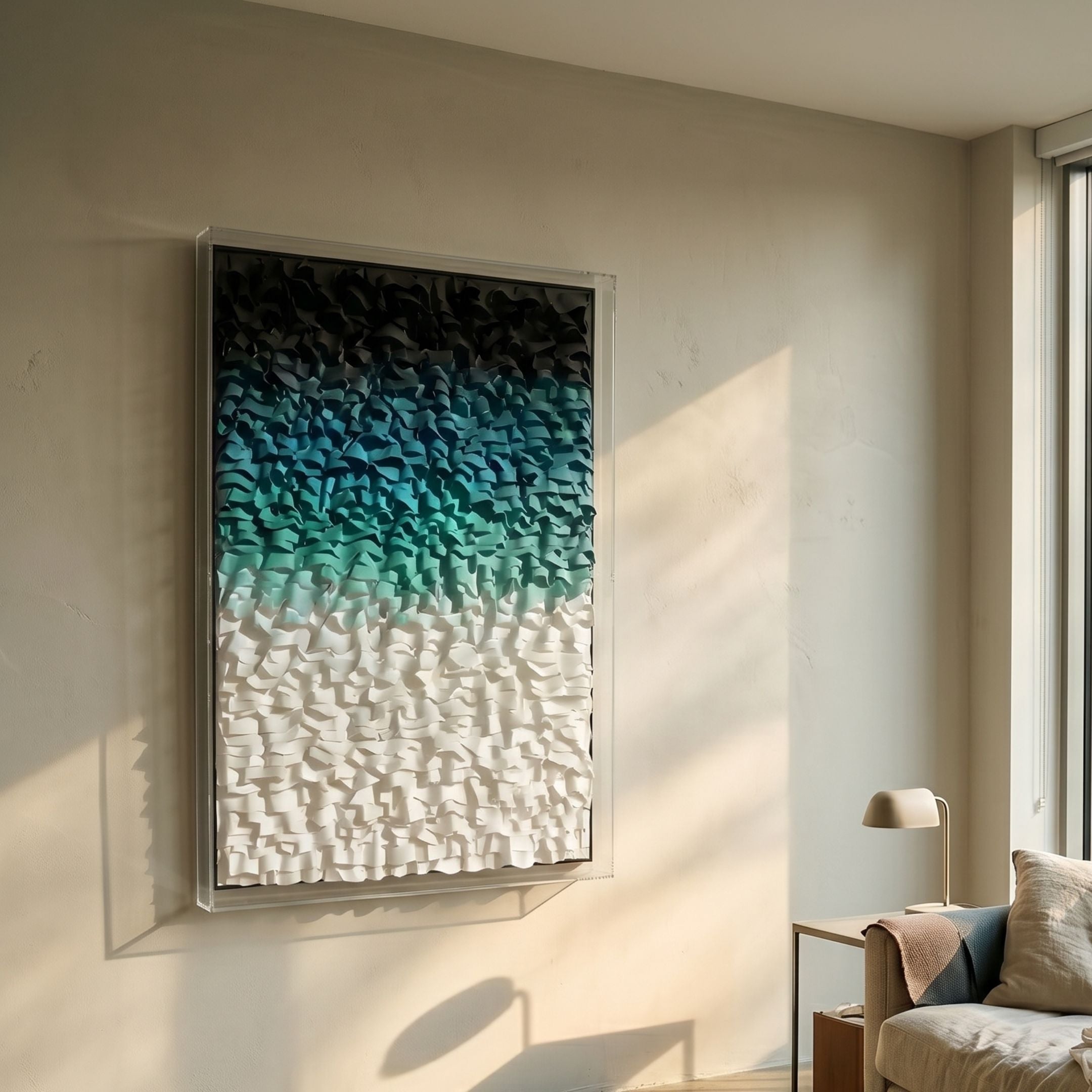 Vistra Ombre Ruffled 3D Paper Wall Art by Giant Sculptures in an acrylic frame, displaying a black, teal, and white gradient on a sunlit neutral living room wall.