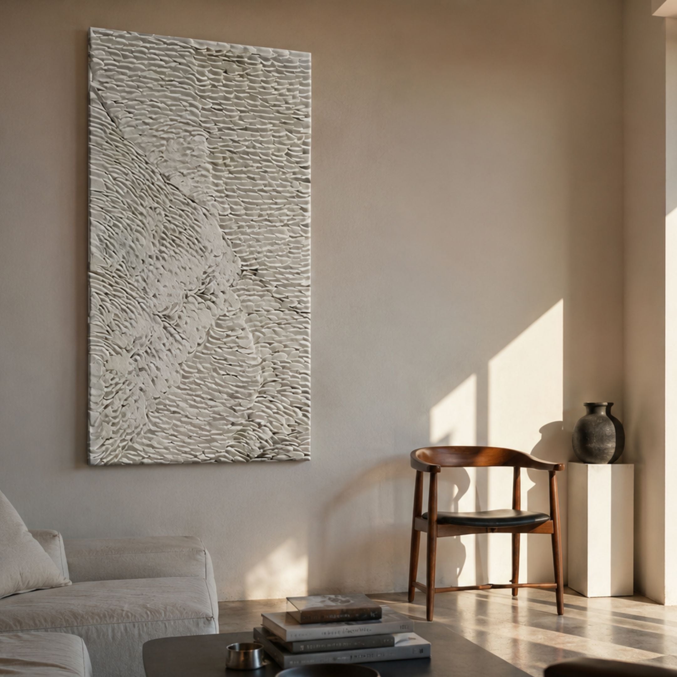 Vermira Ivory I Textured Leather 3D Metal Framed Wall Art by Giant Sculptures mounted in a sunlit neutral living room beside a wooden chair and dark vase.