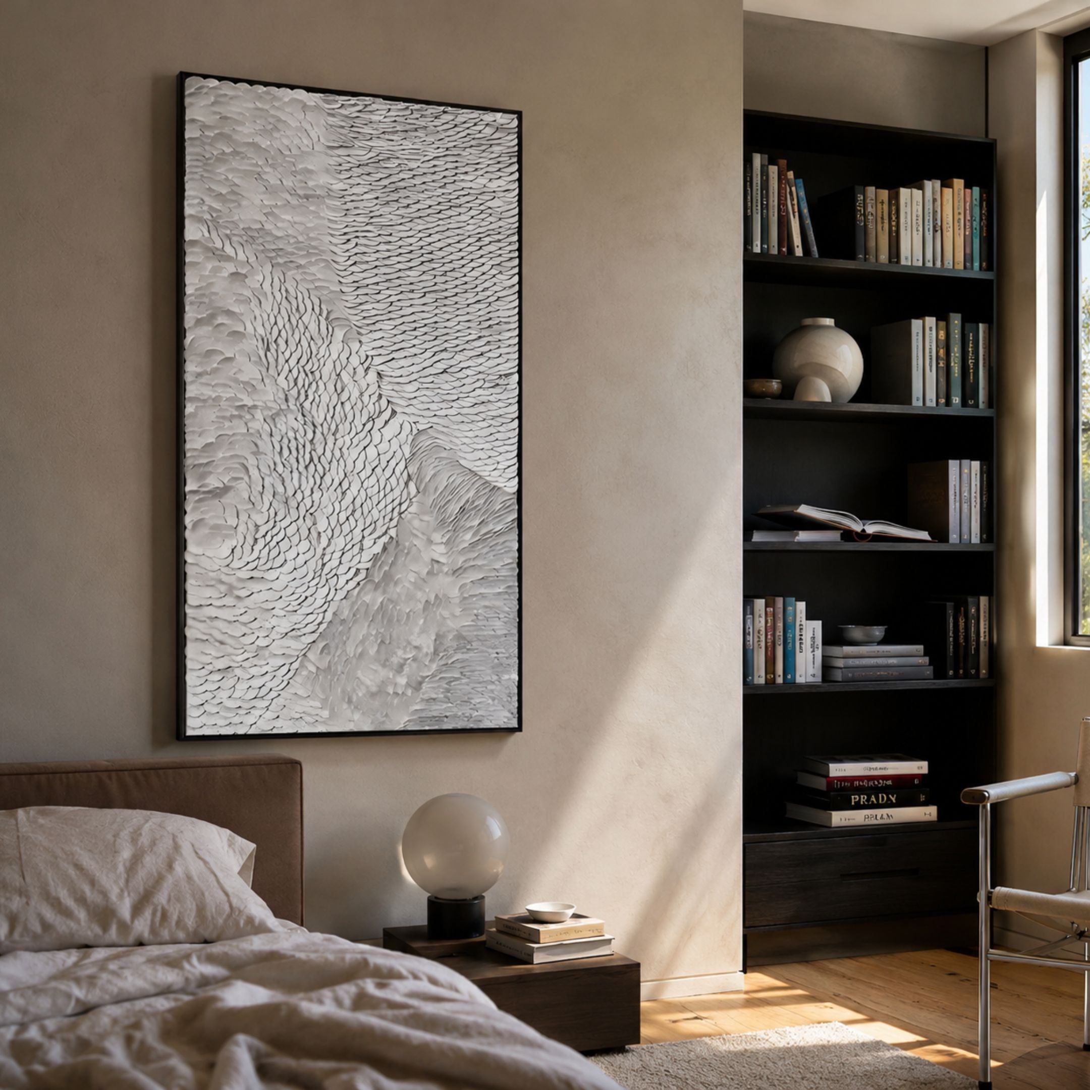 Vermira White Textured Leather 3D Metal Framed Wall Art with flowing scale waves displayed above a bedside table in a modern bedroom beside a dark bookshelf.