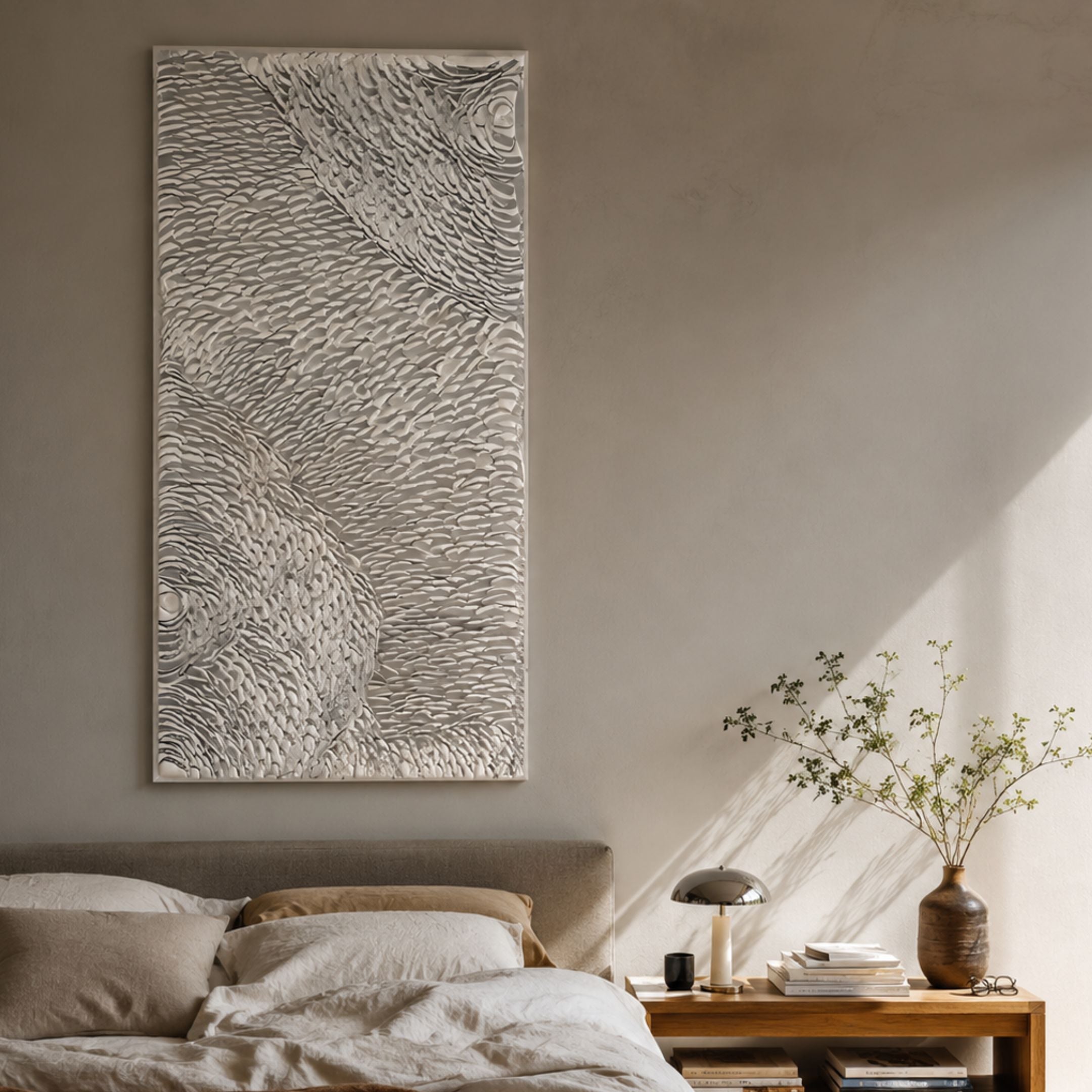 Vermira Ivory II Textured Leather 3D Wall Art by Giant Sculptures mounted above an upholstered bed, beside a wooden nightstand with lamp and vase.