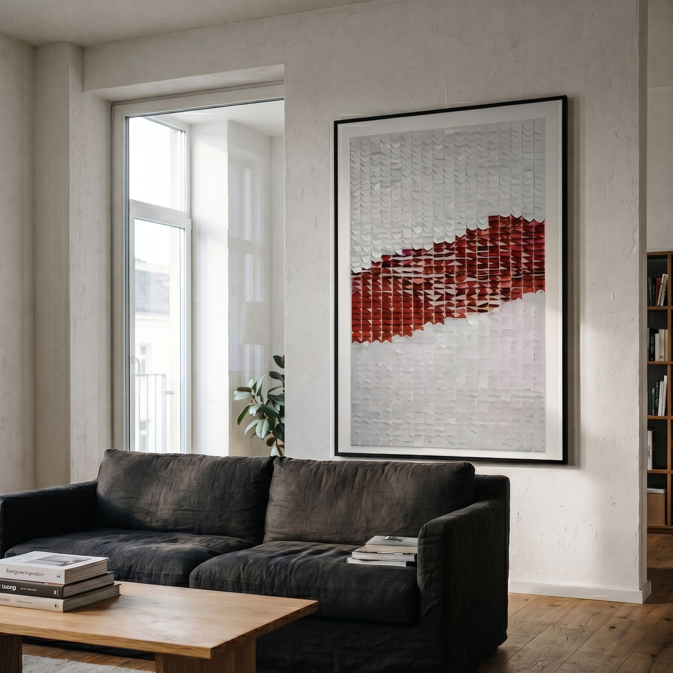 Fractura Crimson Red Vertical 3D Acrylic Wall Art by Giant Sculptures displayed above a dark grey sofa in a bright living room with a wooden coffee table.