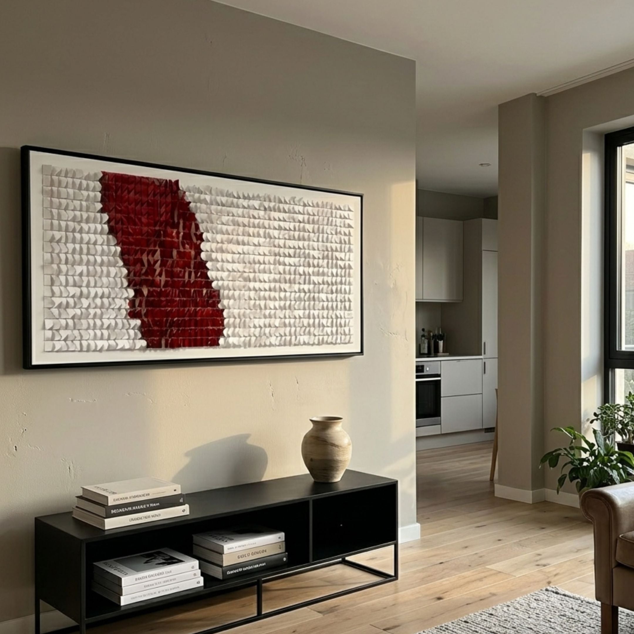 Fractura Crimson Red Wide 3D Acrylic Wall Art by Giant Sculptures displayed above a black console with books and a wooden vase in a modern living room.