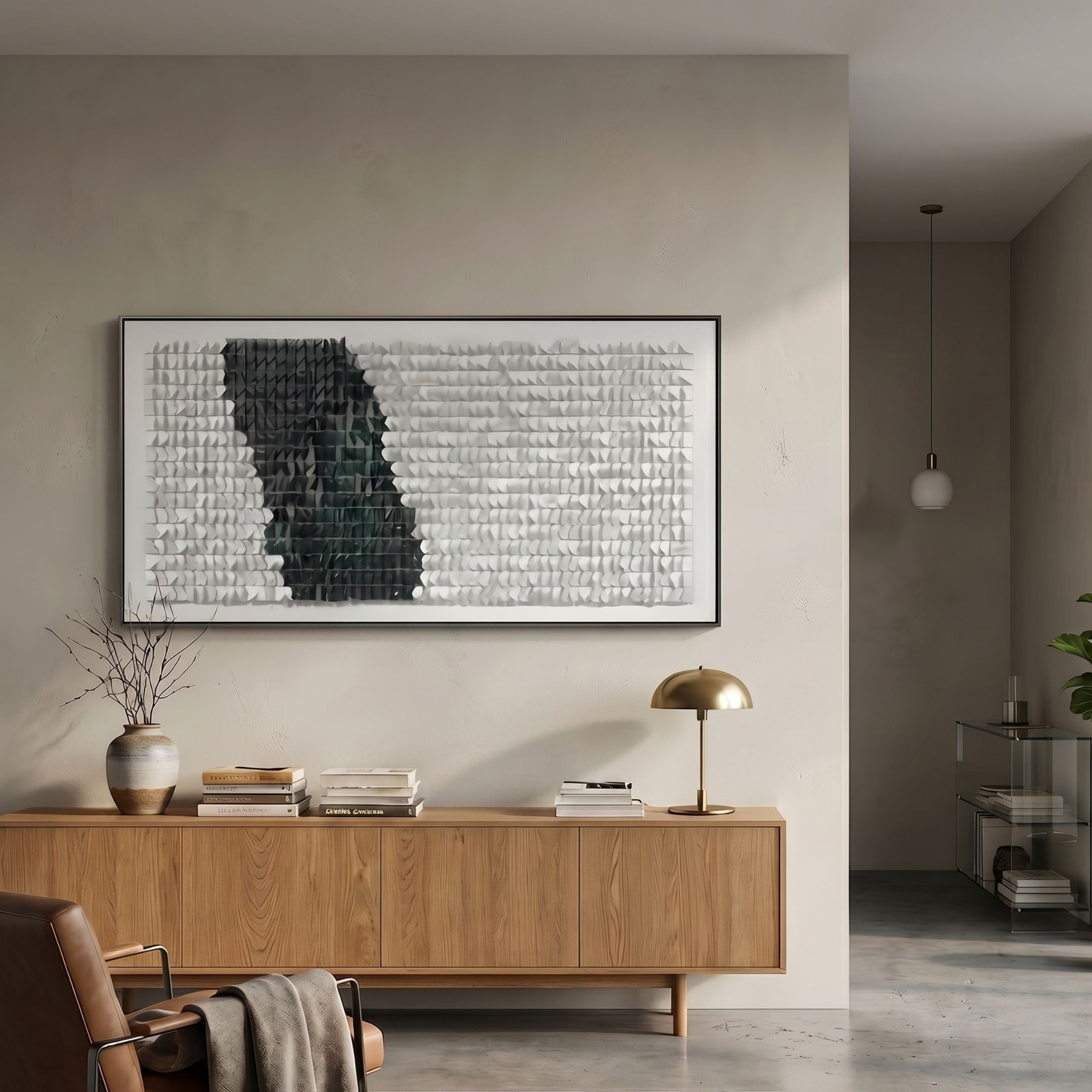 Fractura Emerald Green Wide 3D Acrylic Wall Art by Giant Sculptures displayed above an oak sideboard with brass lamp and ceramic vase in a modern living room.