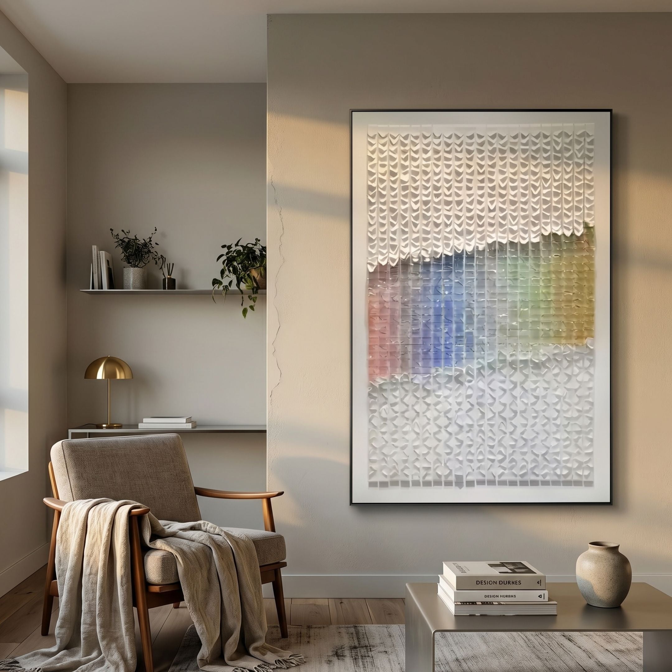 Giant Sculptures Wave I Pastel Gradient 3D Acrylic Wall Art with layered white petal forms over a pink, blue, and yellow gradient, displayed above an armchair.