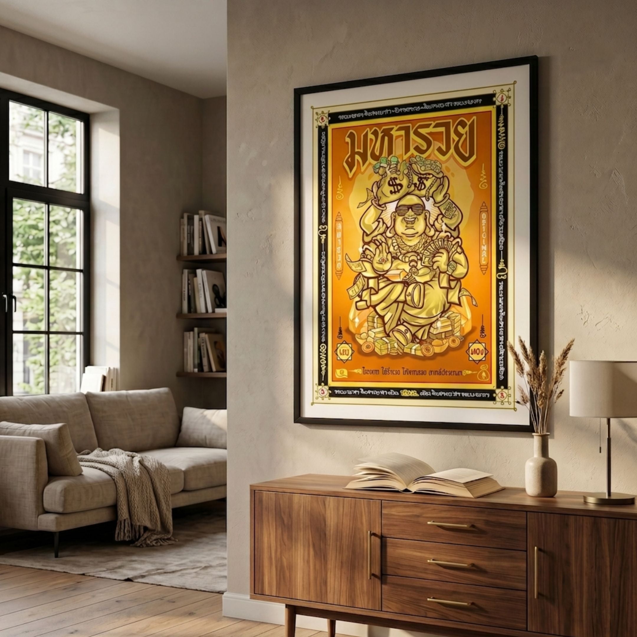 Filthy Rich Canvas Wall Art by Giant Sculptures, framed above a wooden sideboard in a neutral living room with a beige sofa and tall window nearby.