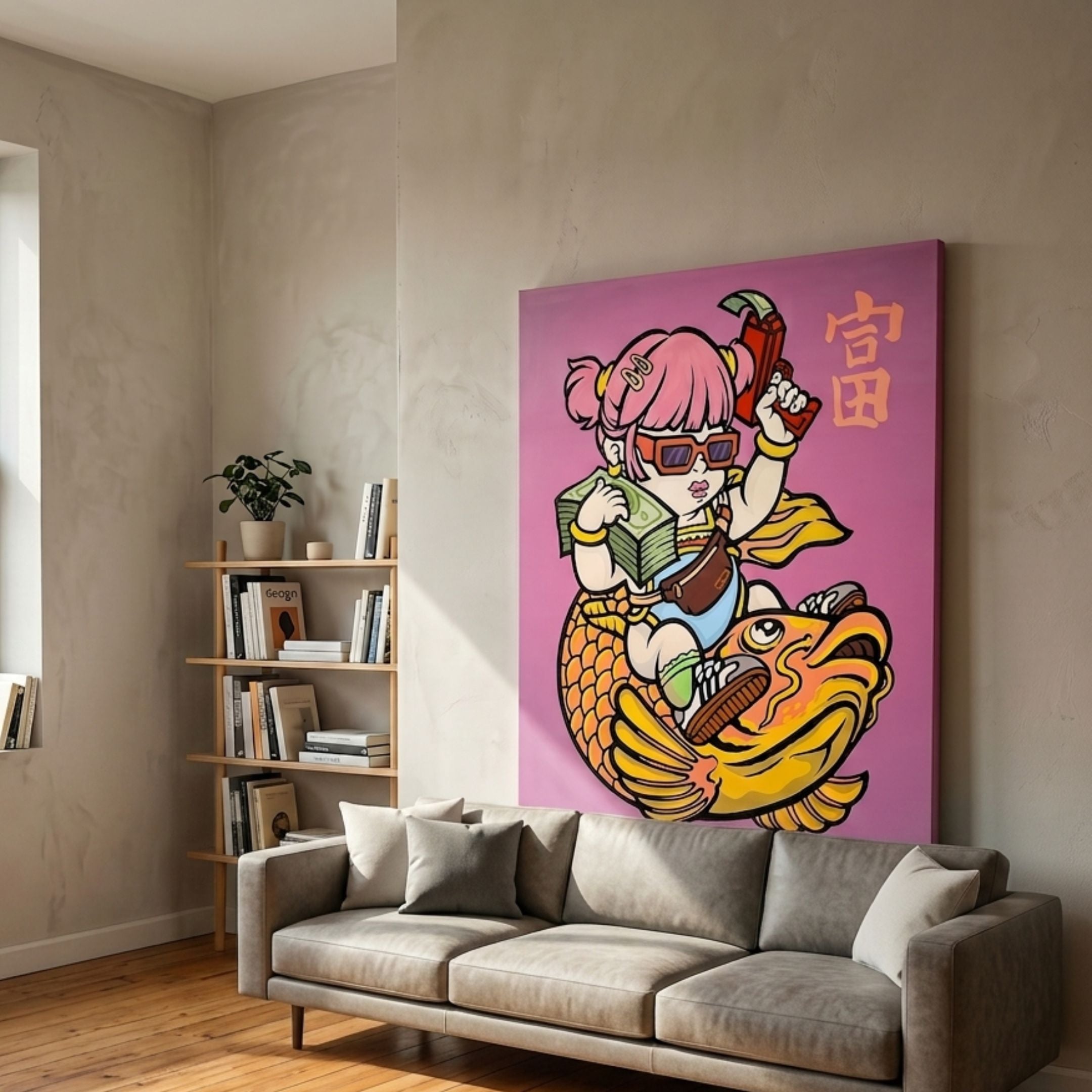 The Prosperous Baby Canvas Wall Art by Giant Sculptures, displayed on a living room wall above a grey sofa beside a bookshelf with potted plant.