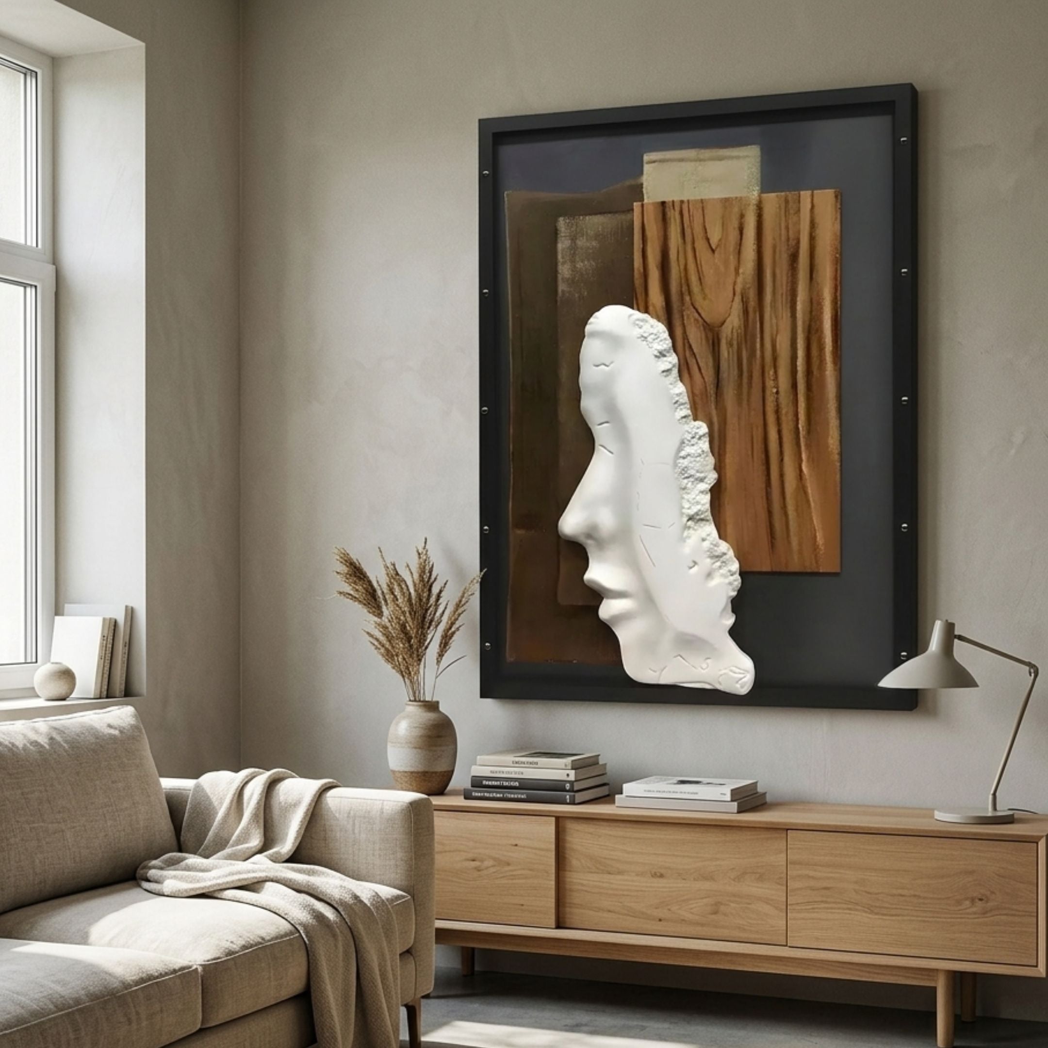 Visagio Hand-Painted Wood Relief 3D Wall Art by Giant Sculptures, white sculpted side-profile face on black and brown wood panels, displayed above an oak console in a neutral living room.