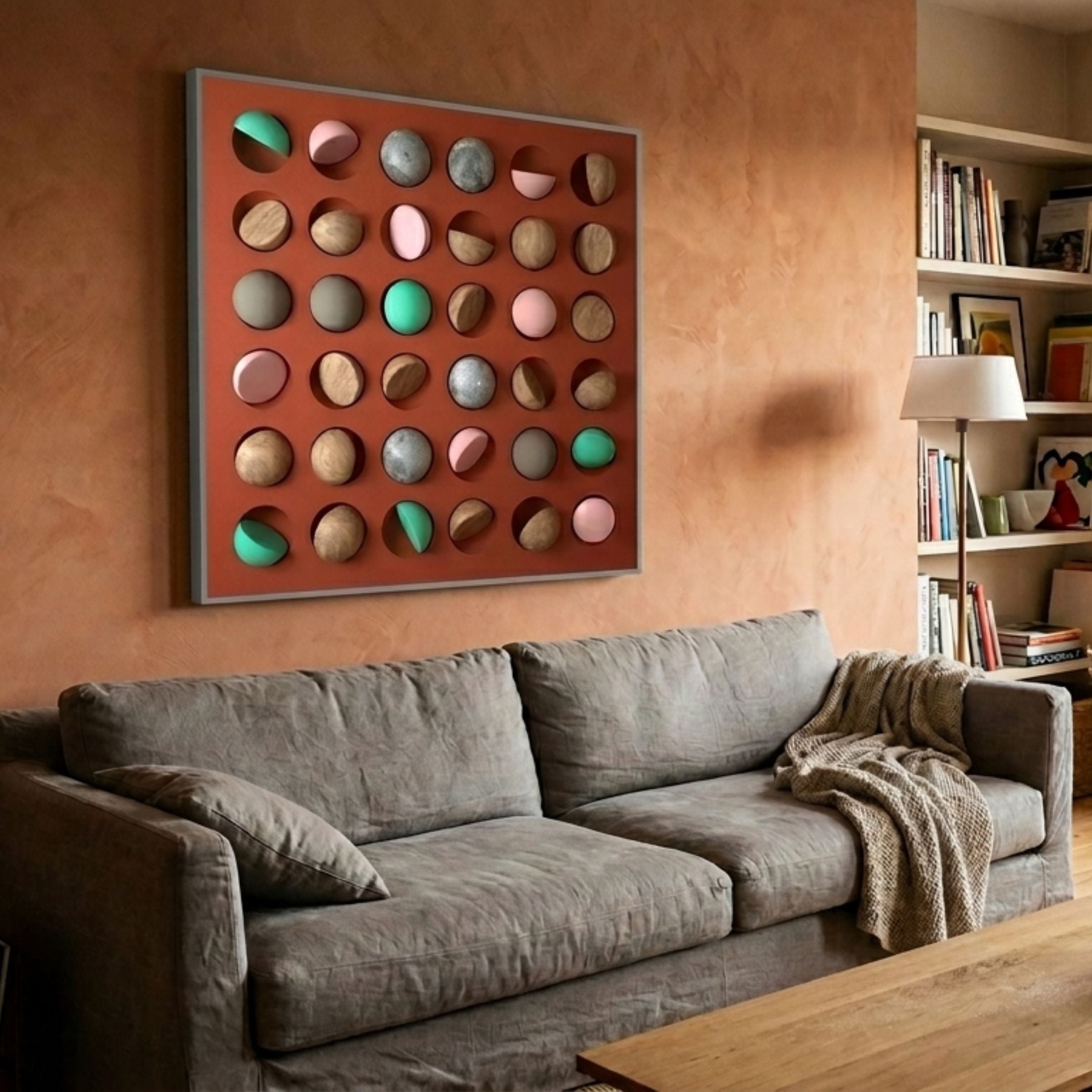 Formexa Sphere Geometric Wood Relief 3D Wall Art by Giant Sculptures mounted on a rust-plastered wall above a grey linen sofa beside a bookshelf.