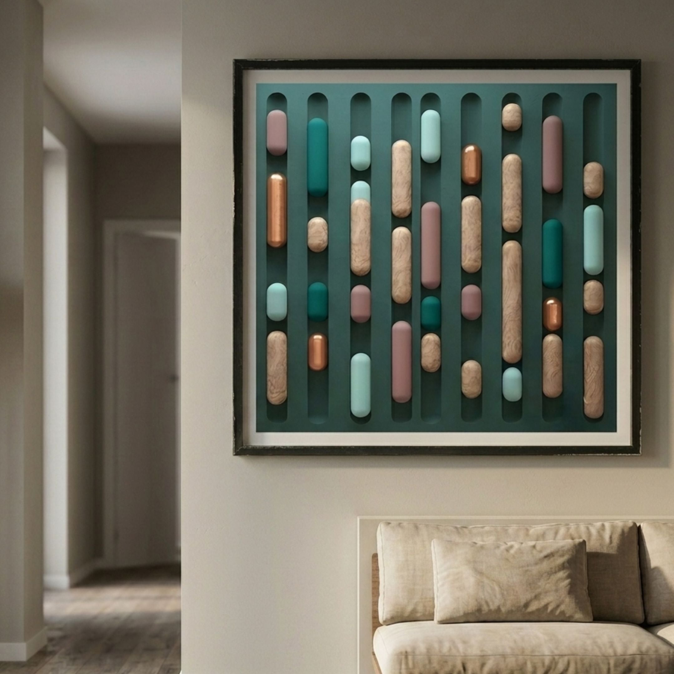 Formexa Capsule Geometric Wood Relief 3D Wall Art by Giant Sculptures displayed on a cream hallway wall above a linen sofa, featuring teal, copper, beige, and pink capsule forms on a dark green panel.
